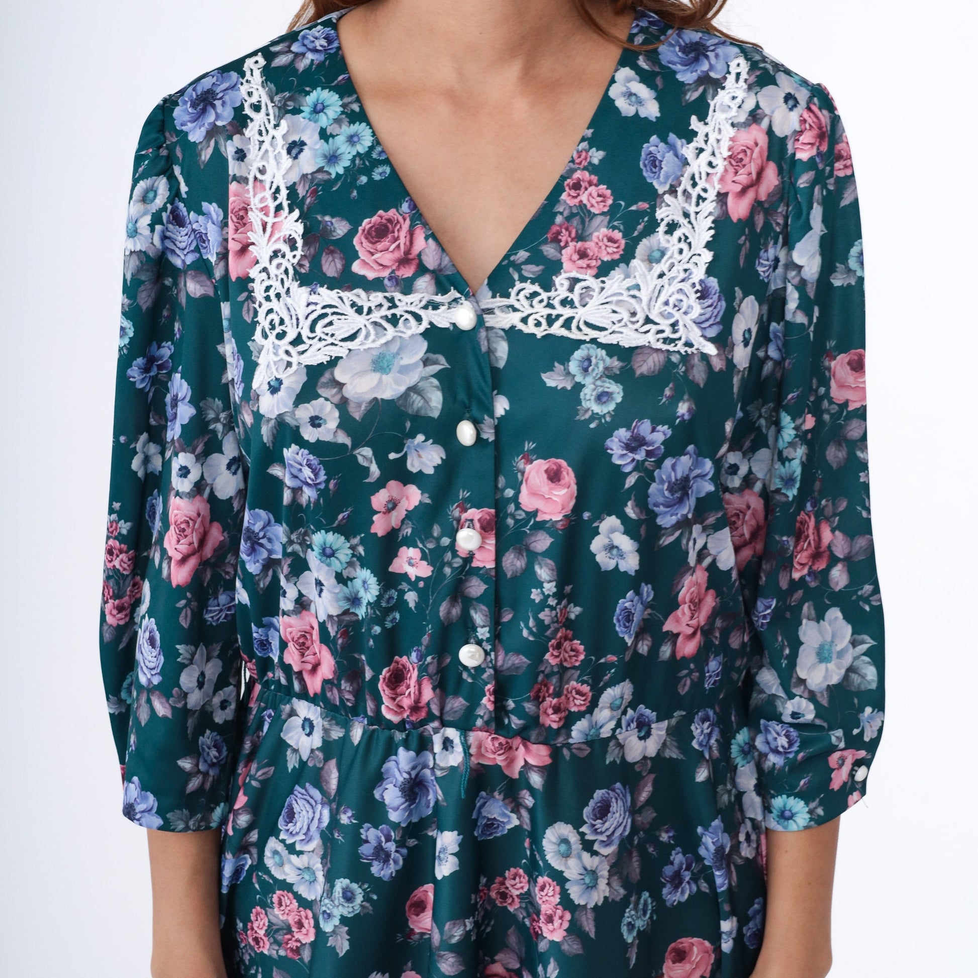 80s Floral Midi Dress Lace Collar Puff Sleeve Green Rose Print High Waist Large
