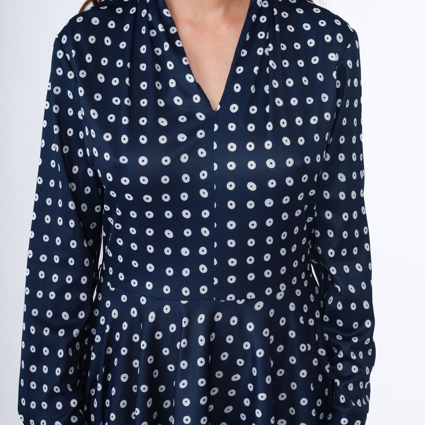70s Navy Polka Dot Midi Dress V-Neck High Waist Flared Long Sleeve Medium