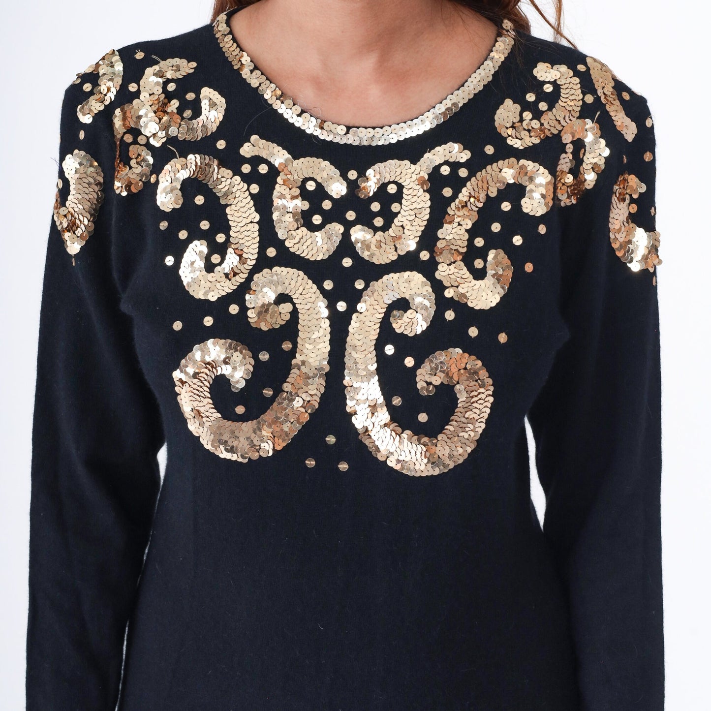 80s Black Gold Sequin Wool Angora Blend Sweater Dress Midi Long Sleeve Medium