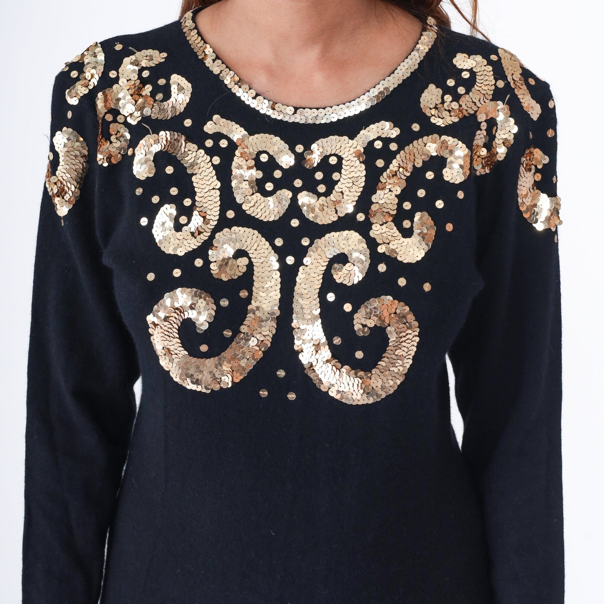 80s Black Gold Sequin Wool Angora Blend Sweater Dress Midi Long Sleeve Medium