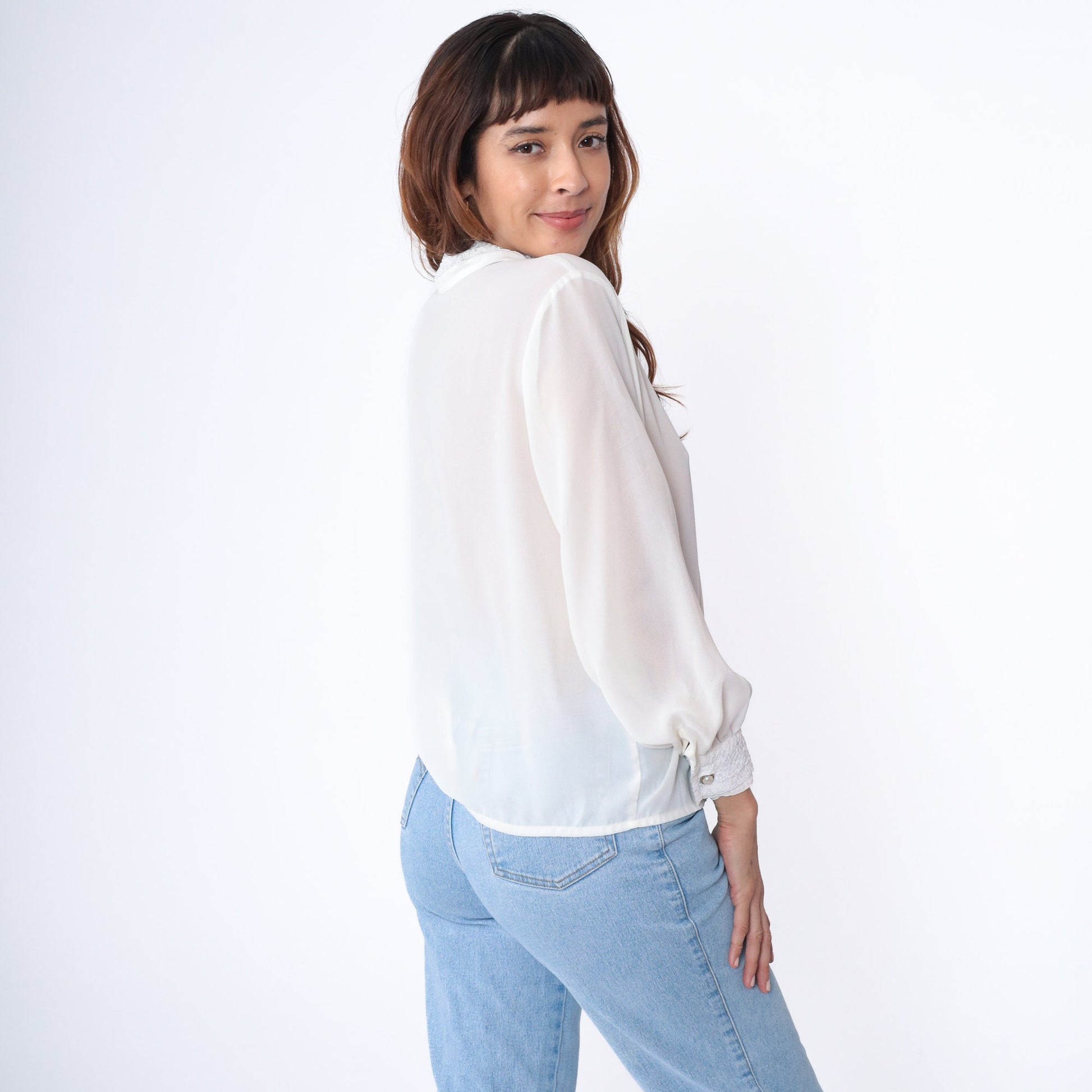 90s White Sheer Blouse Lace Collar Pearl Button Long Sleeve Medium