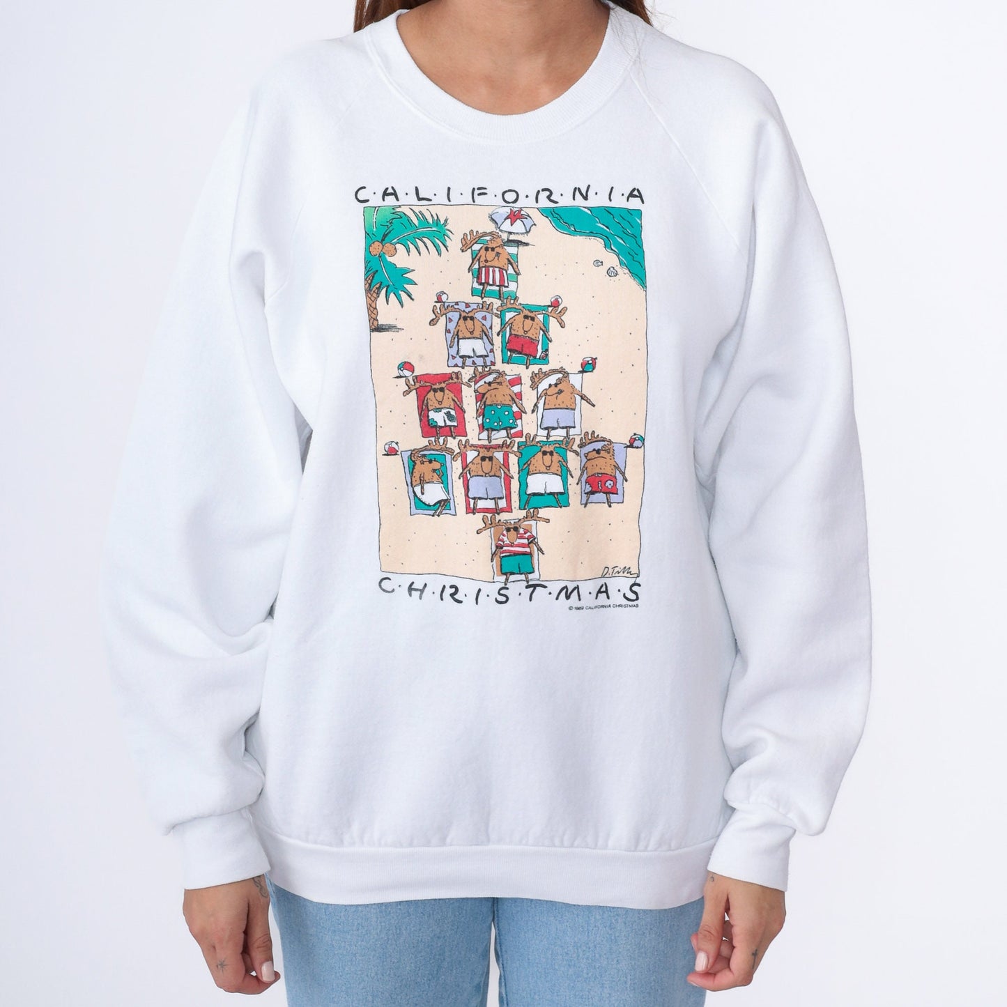 80s California Christmas Reindeer Beach Sweatshirt White Raglan Extra Large