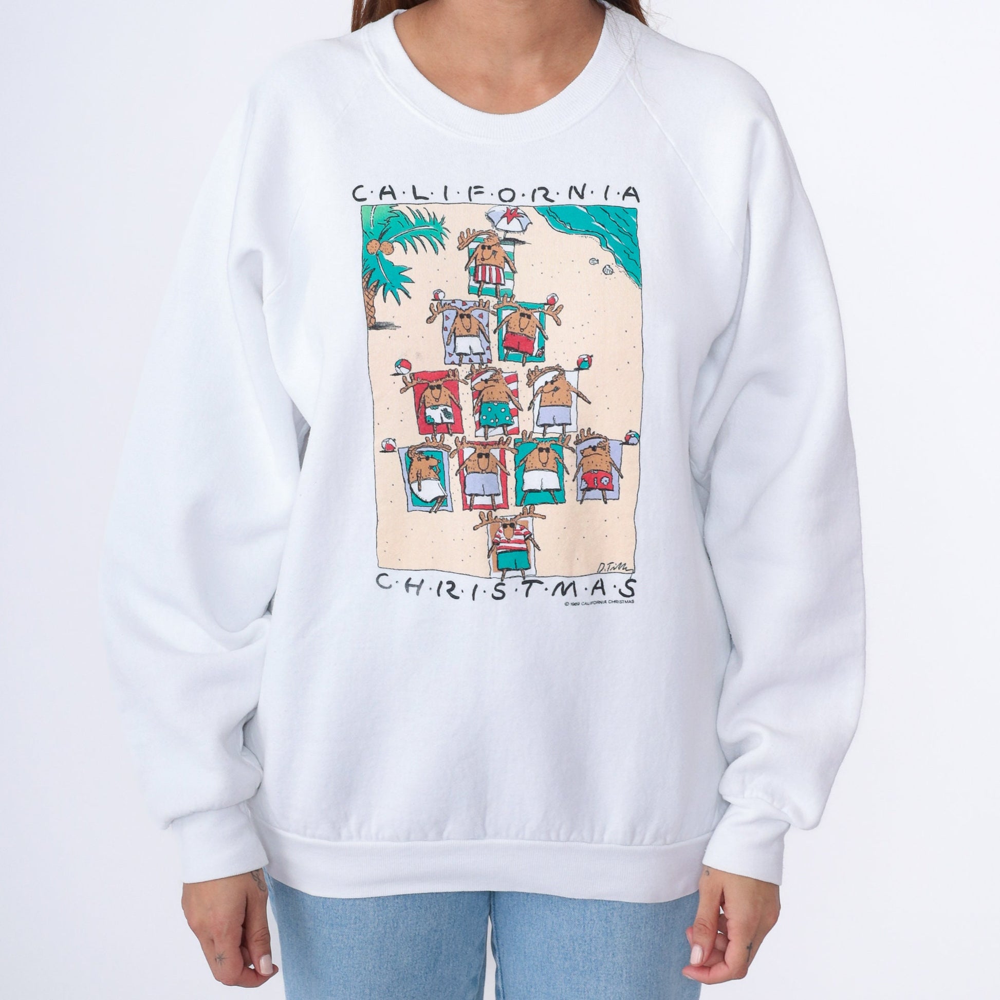 80s California Christmas Reindeer Beach Sweatshirt White Raglan Extra Large