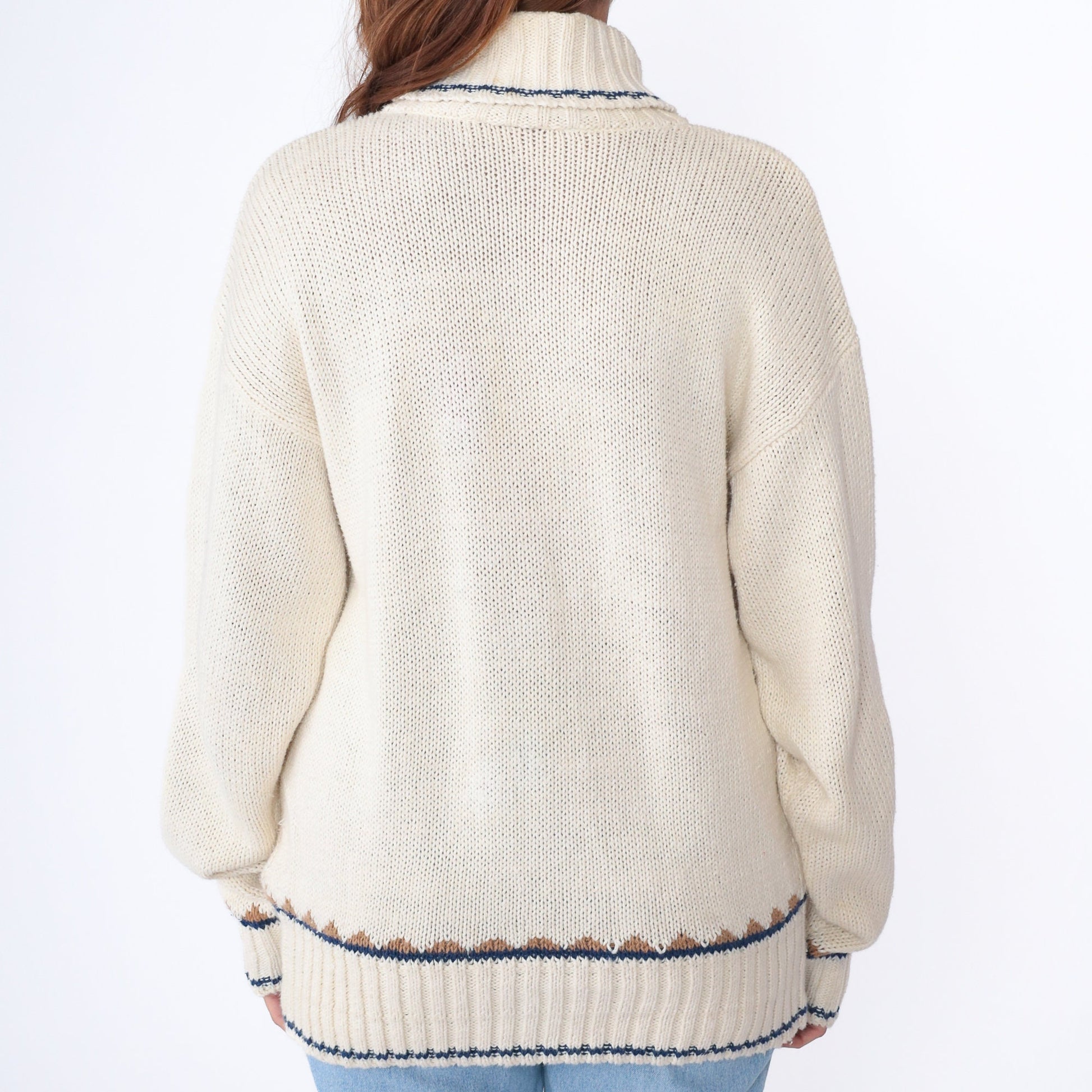 90s Liz Claiborne Geometric Turtleneck Sweater Off-White Jacquard Knit Medium