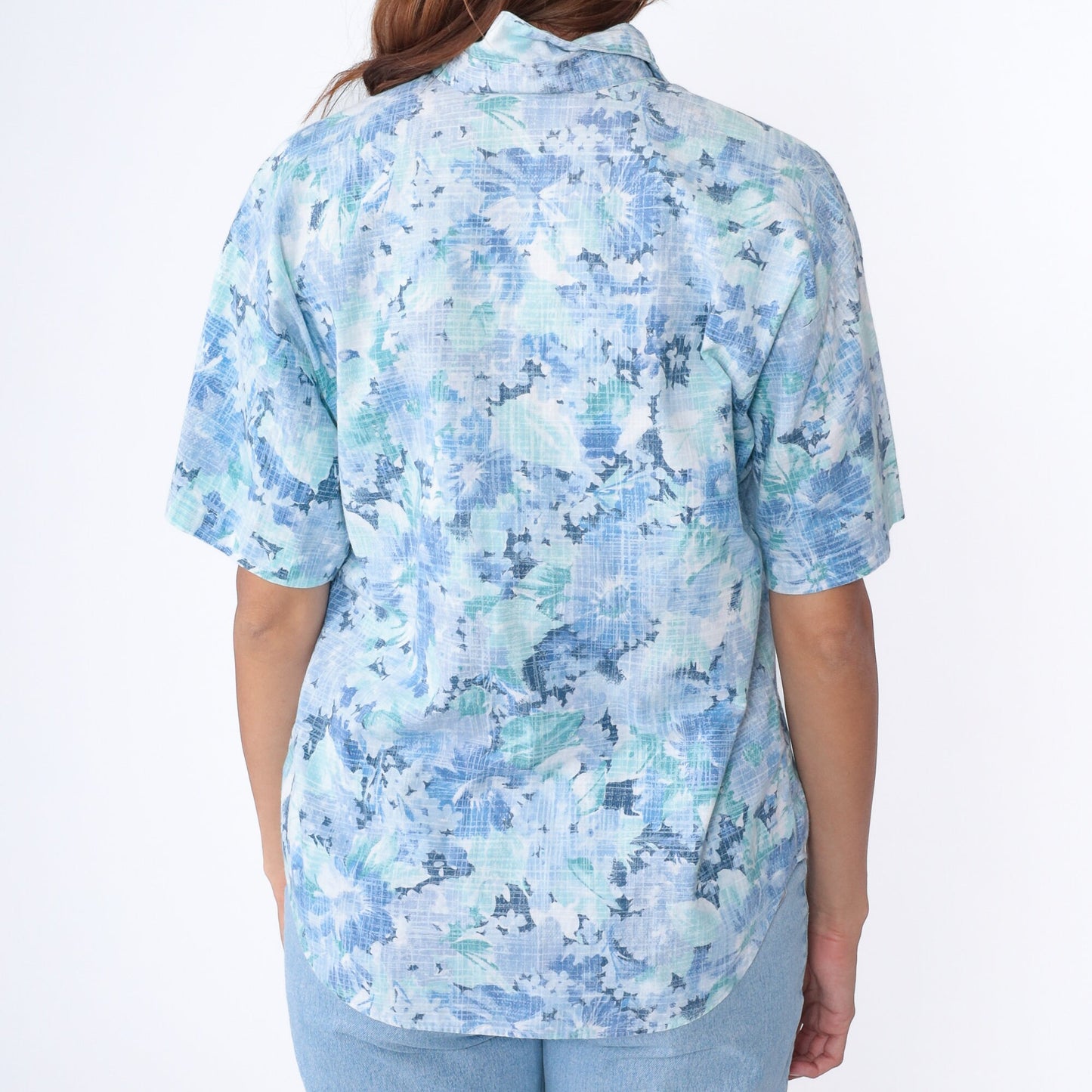 90s Blue Floral Button-Up Shirt Cotton Blend Short Sleeve Medium