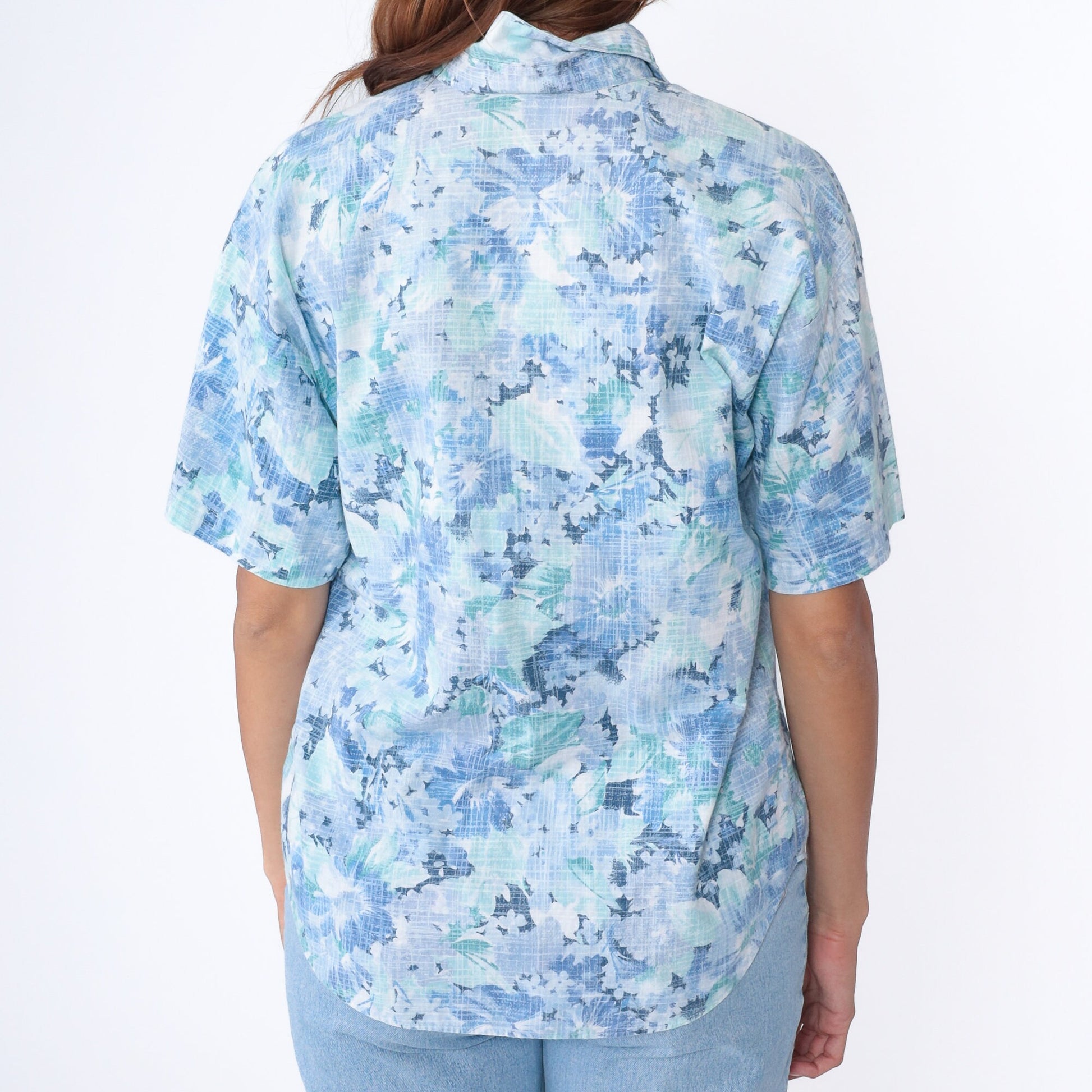90s Blue Floral Button-Up Shirt Cotton Blend Short Sleeve Medium