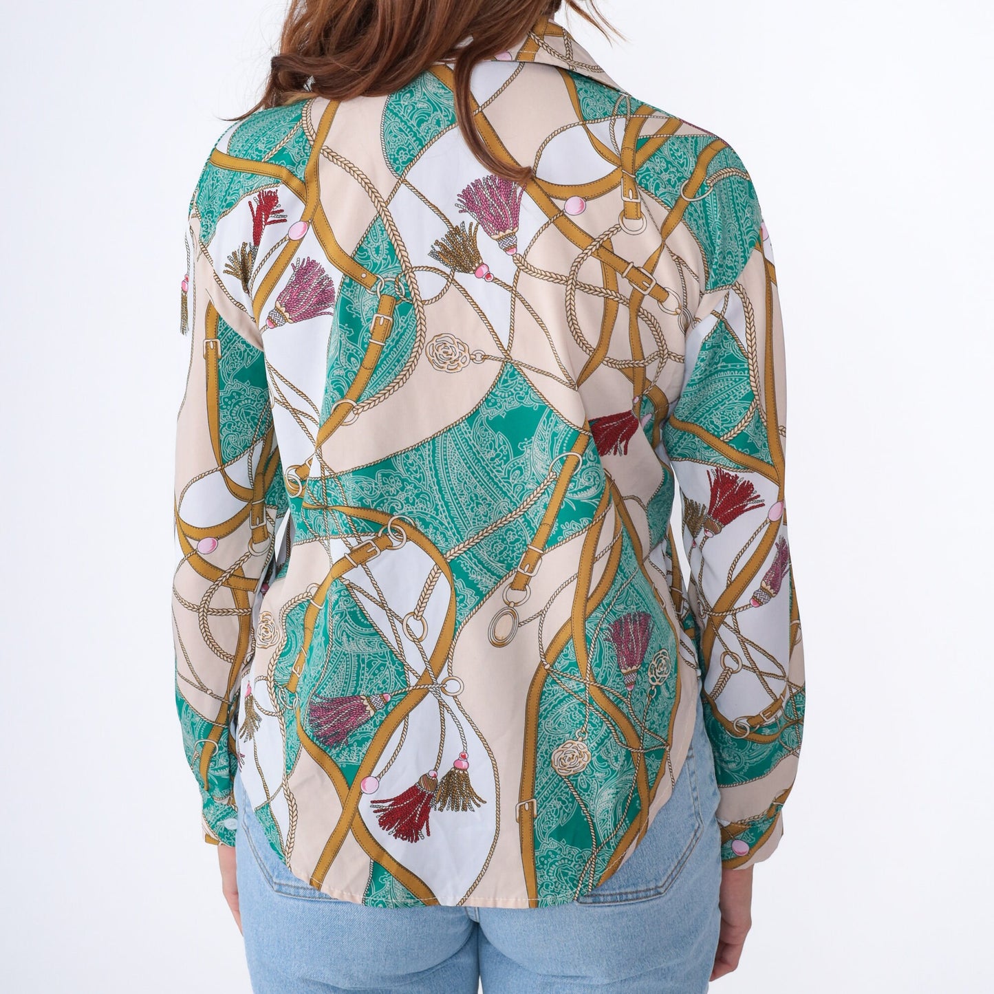 90s Equestrian Blouse Sea Green Paisley Horse Bridle Chain Print Button Up Medium