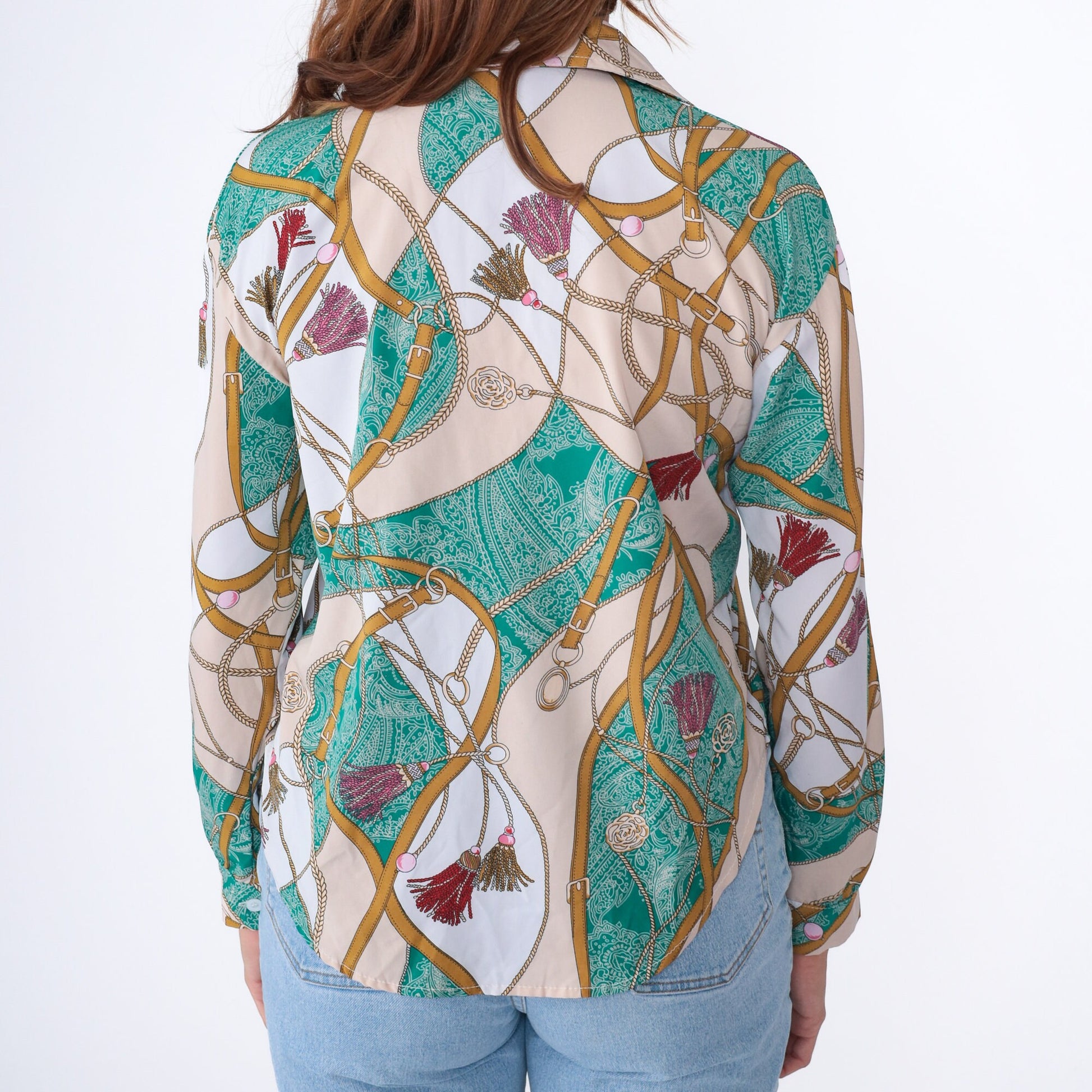 90s Equestrian Blouse Sea Green Paisley Horse Bridle Chain Print Button Up Medium