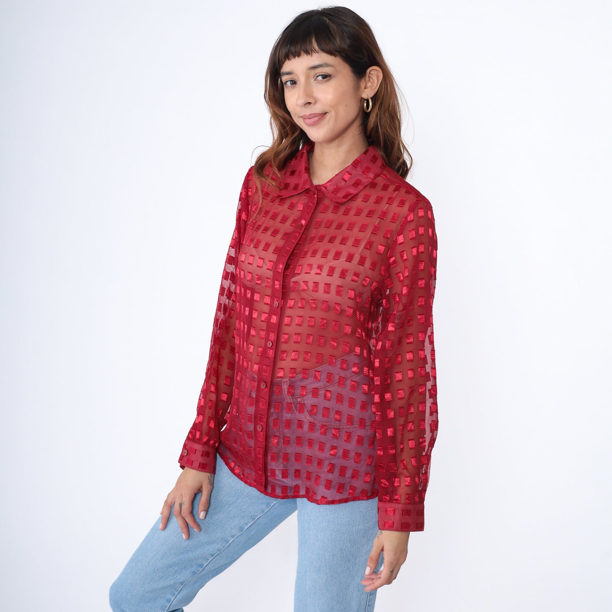 90s Red Metallic Grid Chiffon Button Up Blouse Long Sleeve Medium