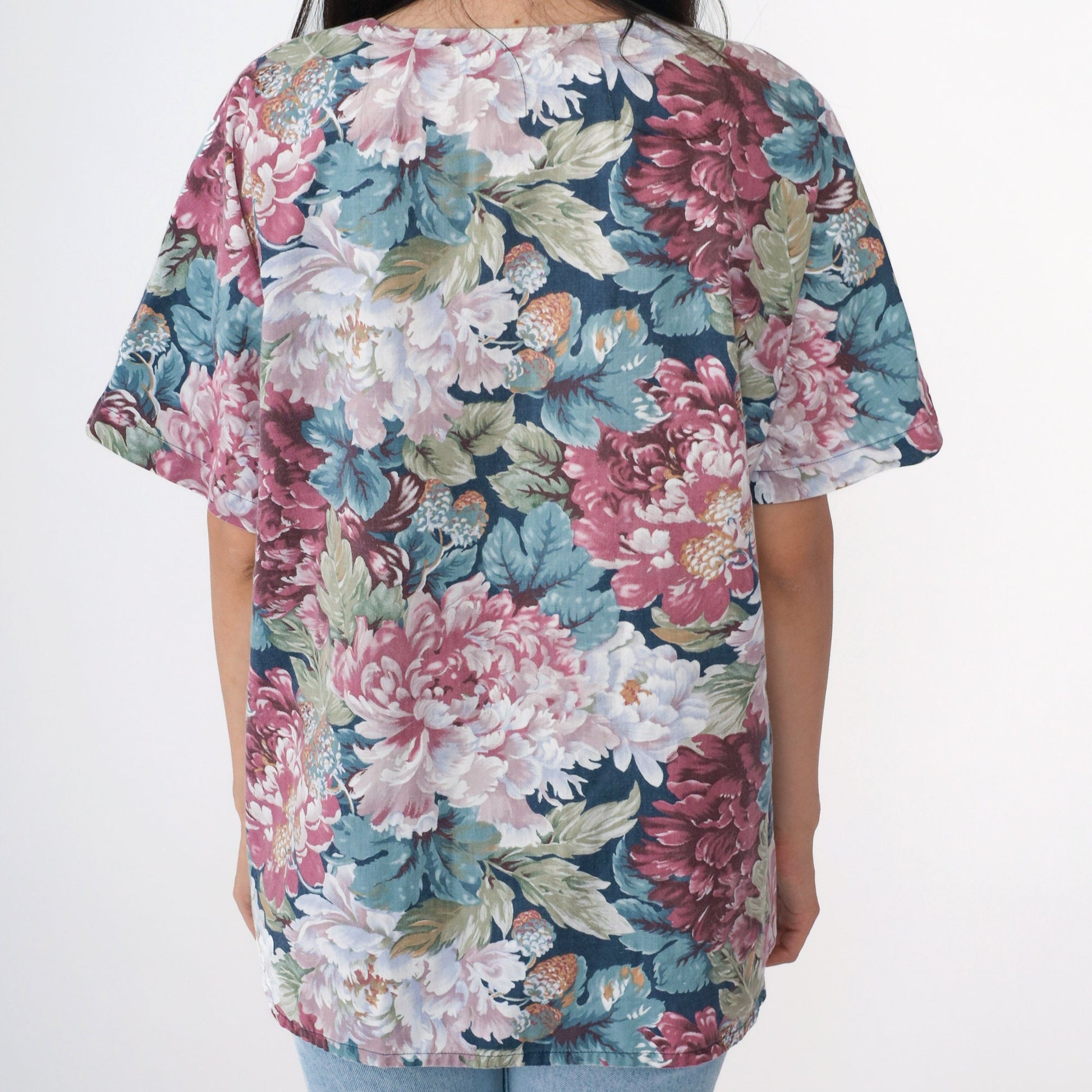 90s Floral Blouse Short Sleeve Slit Neckline Blue Purple Pink Medium Large
