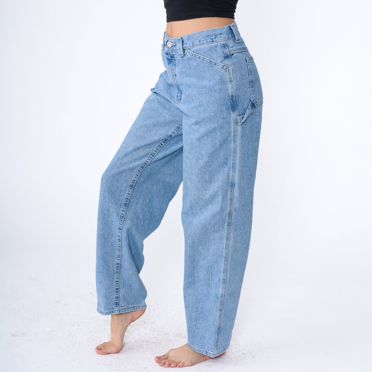 Y2K High Rise Cargo Jeans Light Wash Denim Hammer Loop Relaxed Straight Tapered Medium