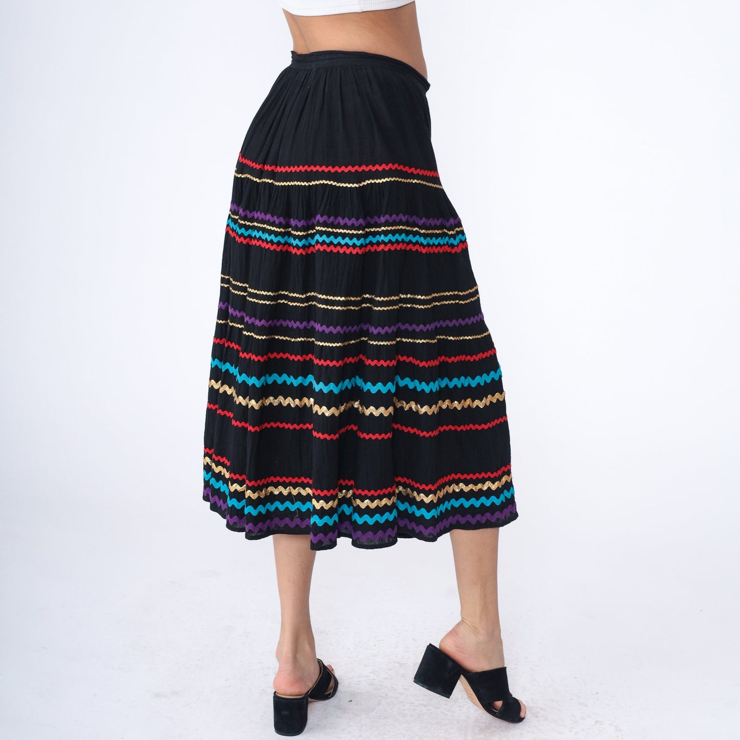 80s Goldwater's Midi Skirt Black Cotton Ric-Rac Striped High Waist Medium