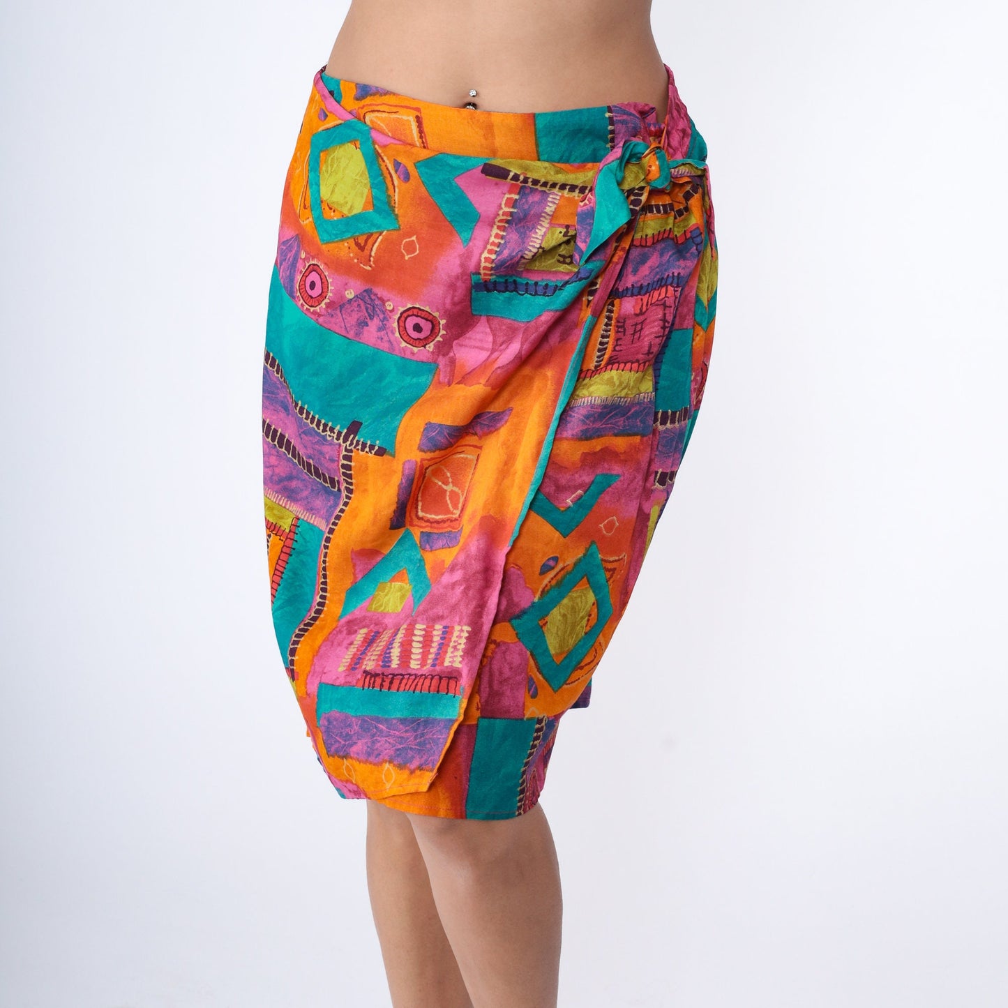90s Geometric Wrap Skirt Midi Rayon Colorful Print Large 14