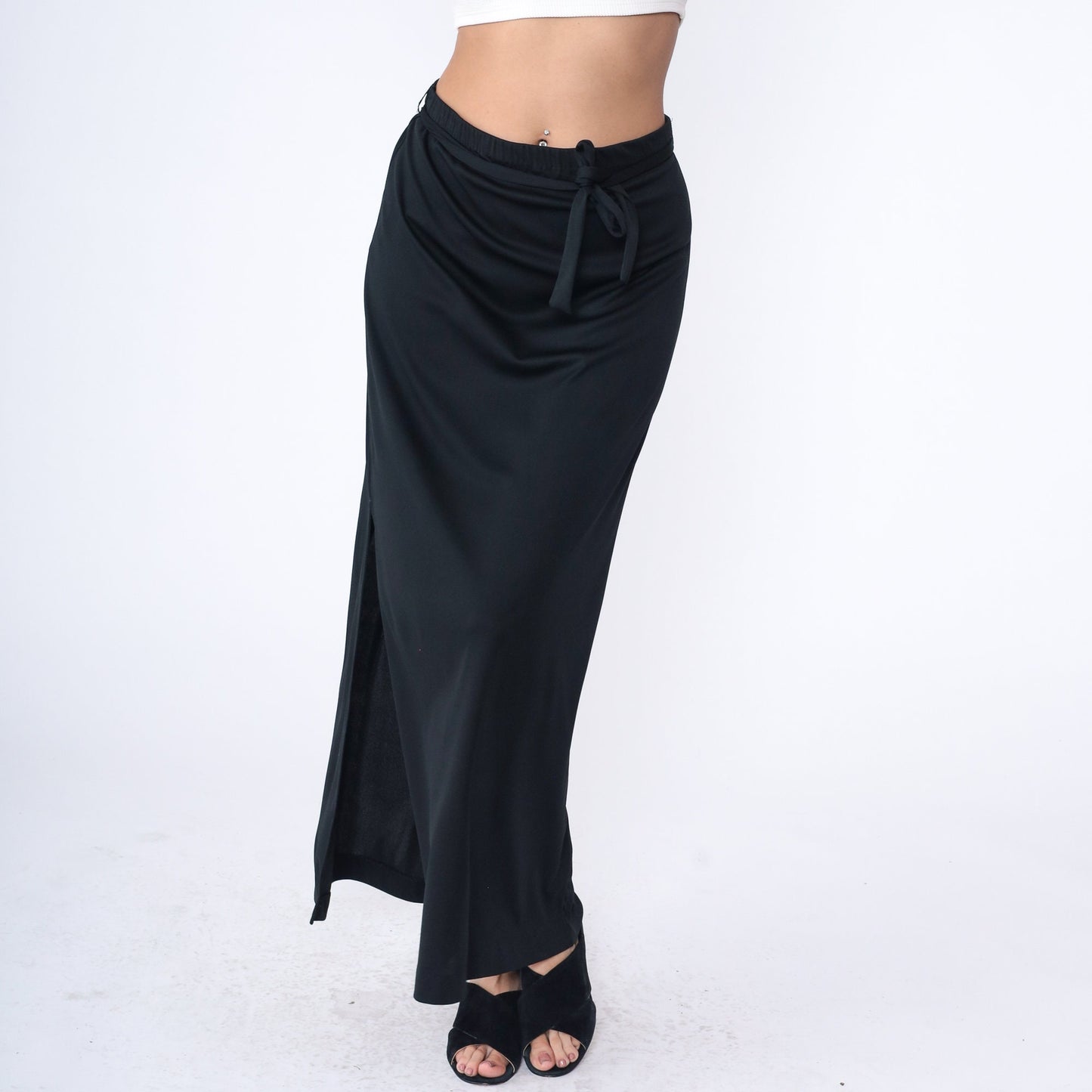 70s Black Maxi Skirt High Waist Straight Cut Elastic Waistband Large L