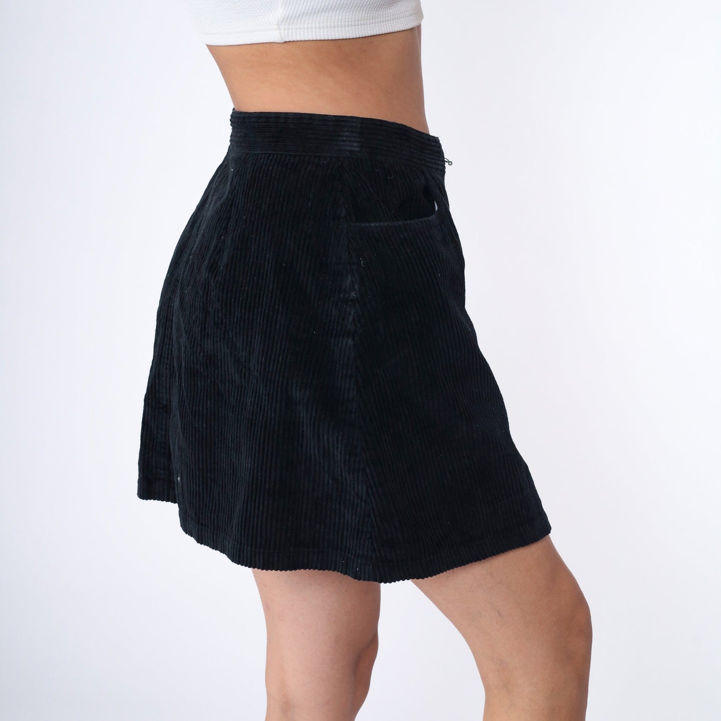 Y2K Black Corduroy Mini Skirt High Waisted Exposed Zipper A-Line Large