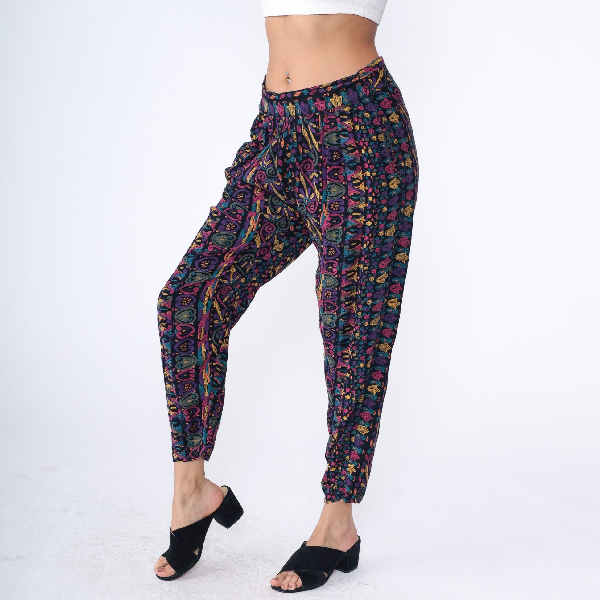 90s Black Rayon Tapered Pants Abstract Heart Geometric Print High Waist Medium