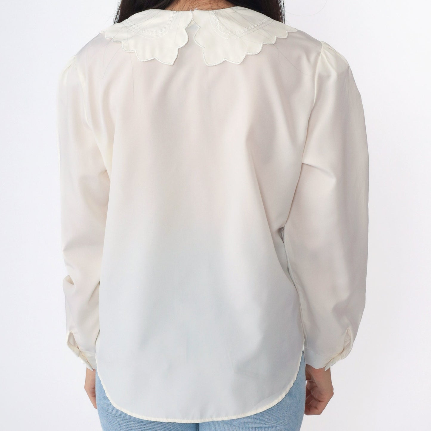 80s Peter Pan Collar Blouse Cream Button Up Floral Embroidery Puff Sleeve Medium Large