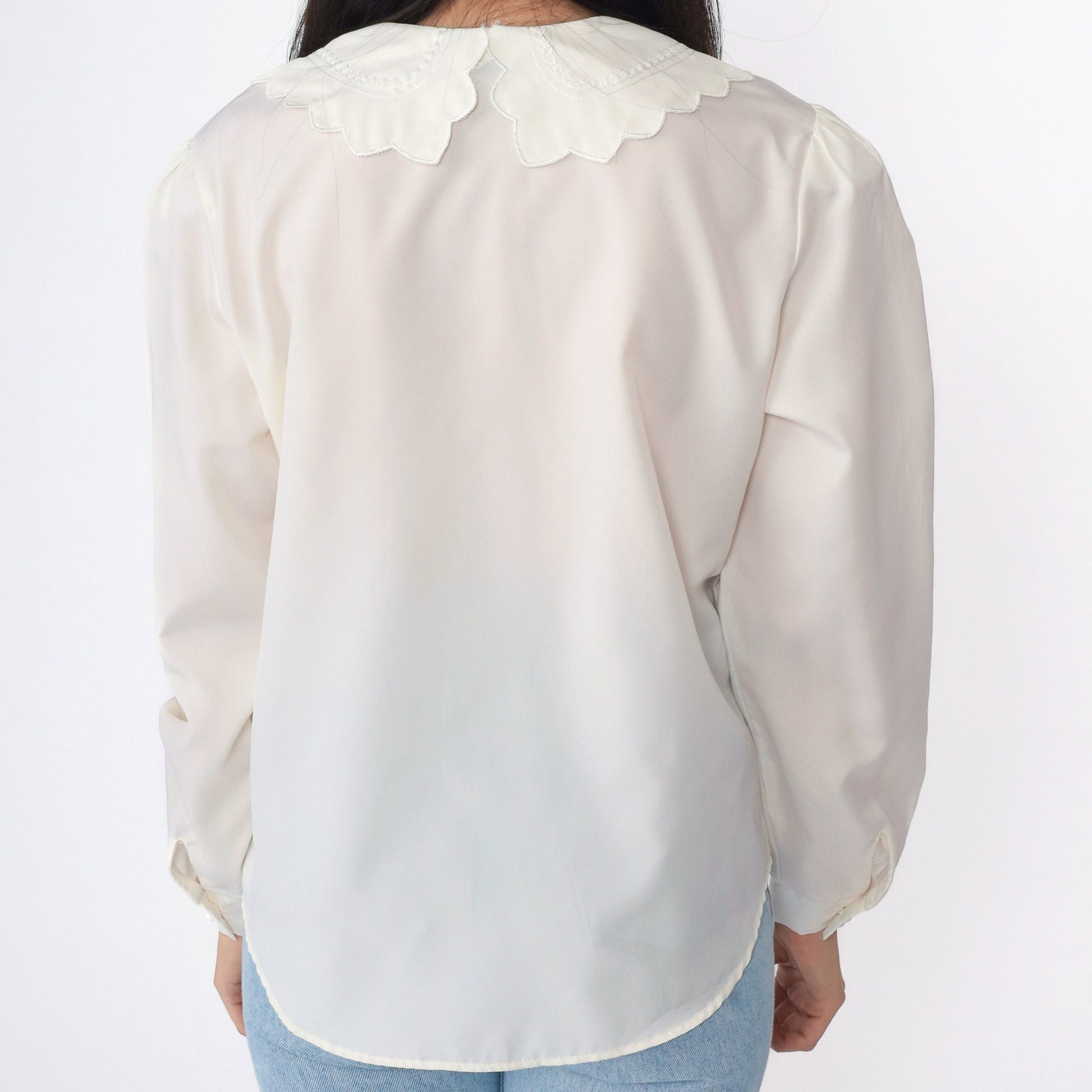 80s Peter Pan Collar Blouse Cream Button Up Floral Embroidery Puff Sleeve Medium Large