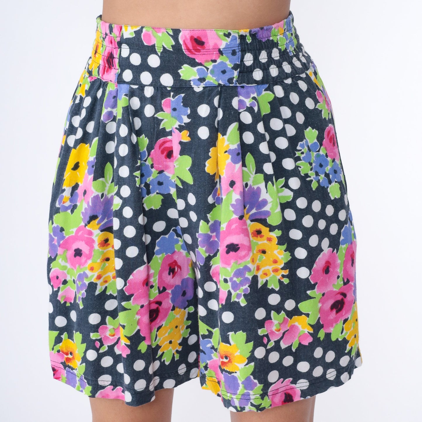 90s Polka Dot Floral Rayon Shorts High Waist Pleated White Small