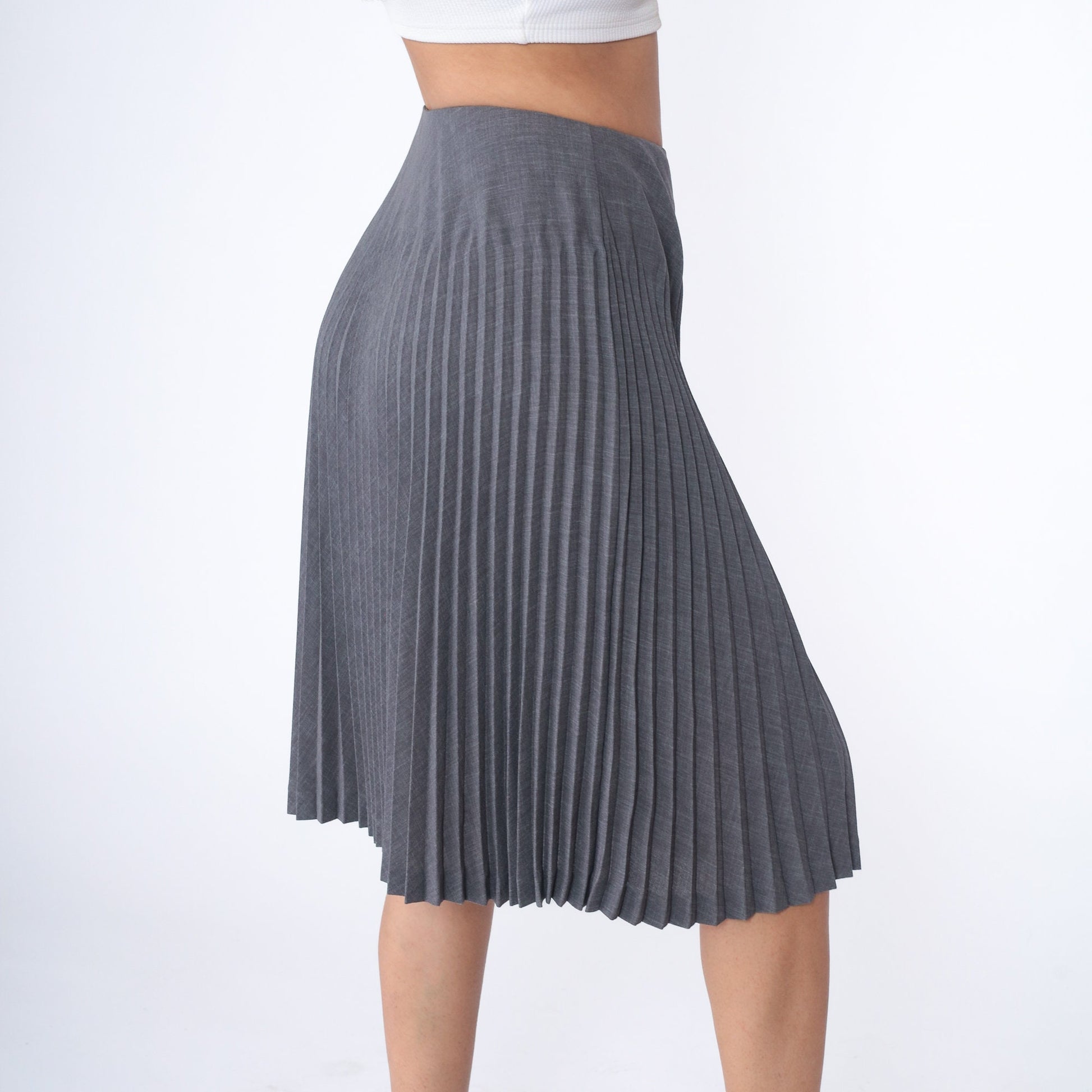 00s Grey Pleated High-Waist Midi Skirt Small 6