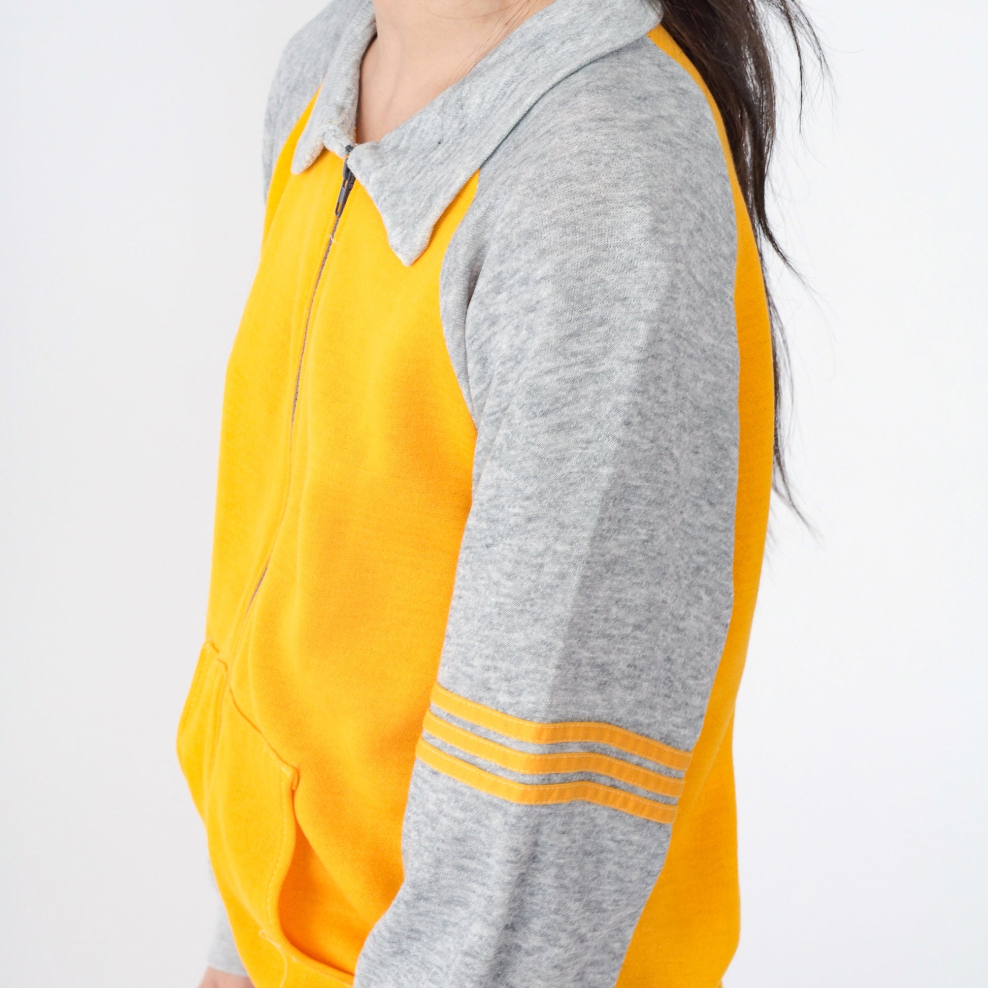 80s Yellow Grey Striped Raglan Track Jacket Zip Up Small