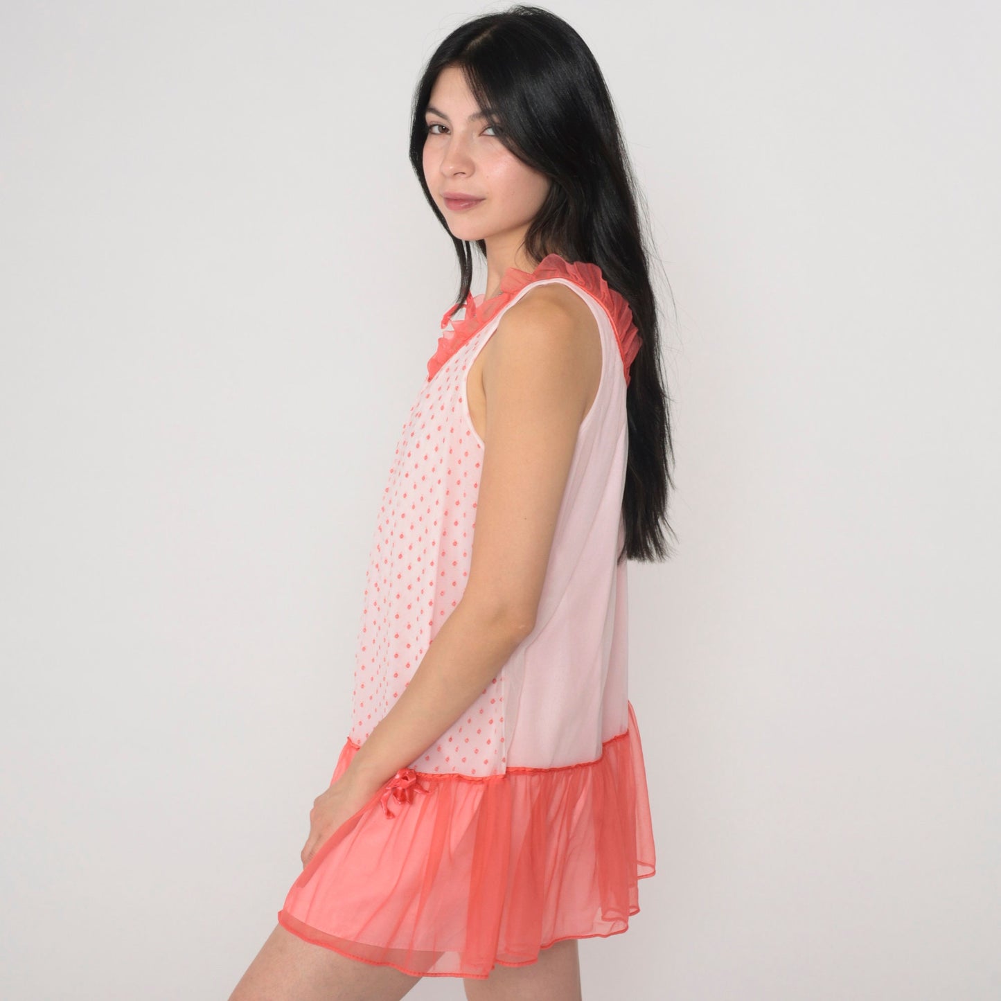 80s White Coral Polka Dot Nightgown Drop Waist Sleeveless Slip Dress Medium M