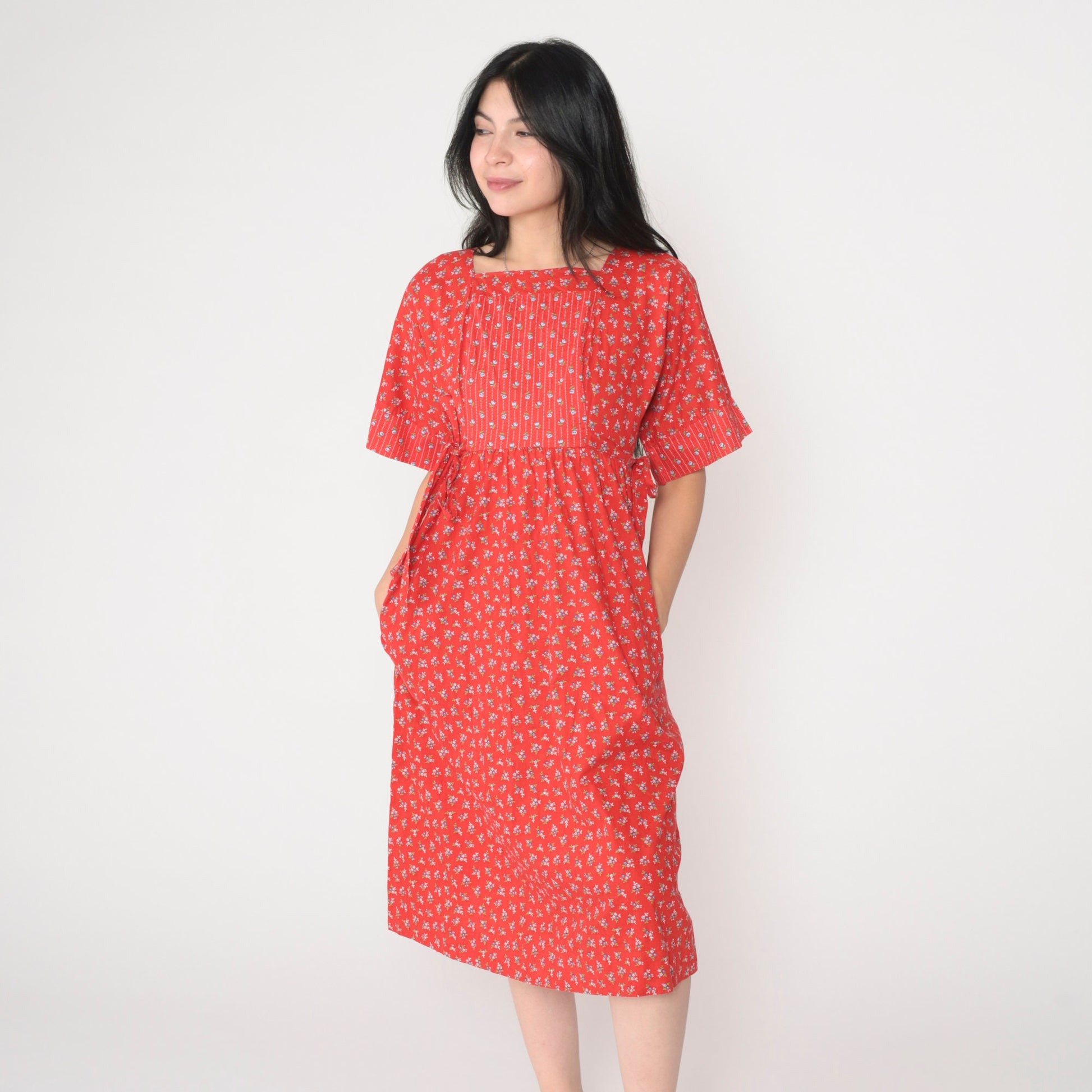 70s Lanz Original Red Floral Calico Midi Dress Empire Waist Tie Short Sleeve Extra Small