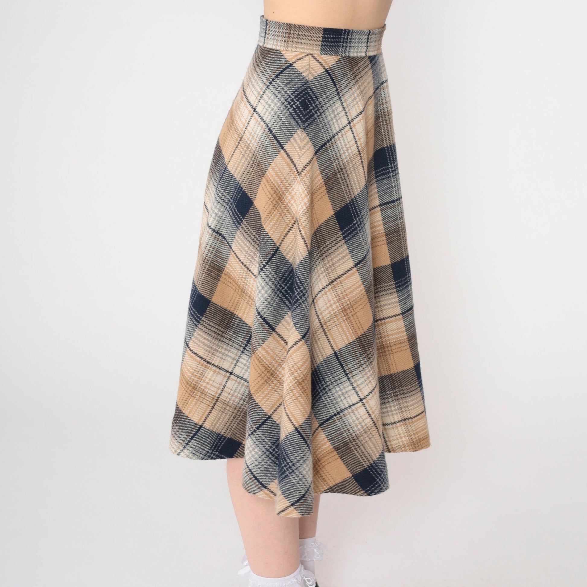 70s Plaid Midi Skirt High Waisted A-Line Tartan Navy Tan Extra Small