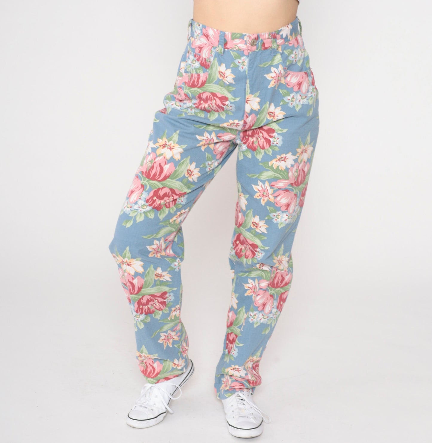90s Blue Floral High-Waisted Straight Tapered Trousers Extra Small