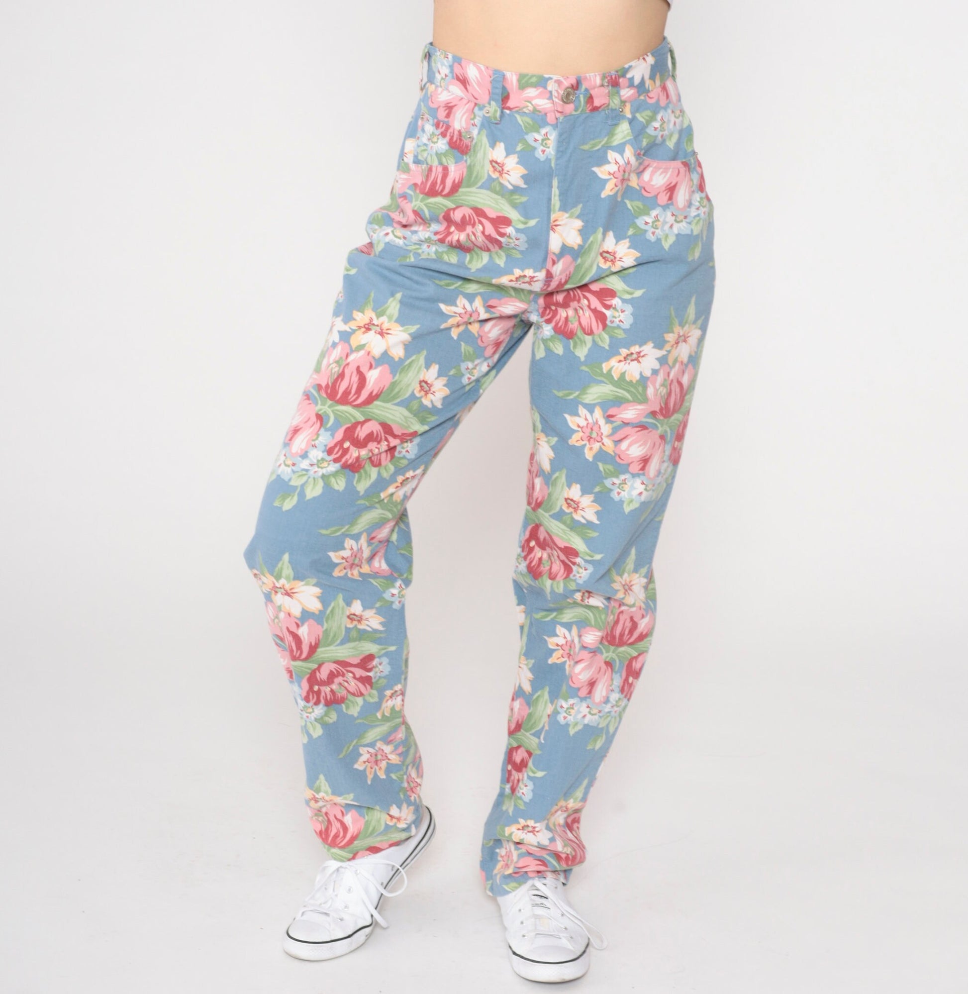 90s Blue Floral High-Waisted Straight Tapered Trousers Extra Small