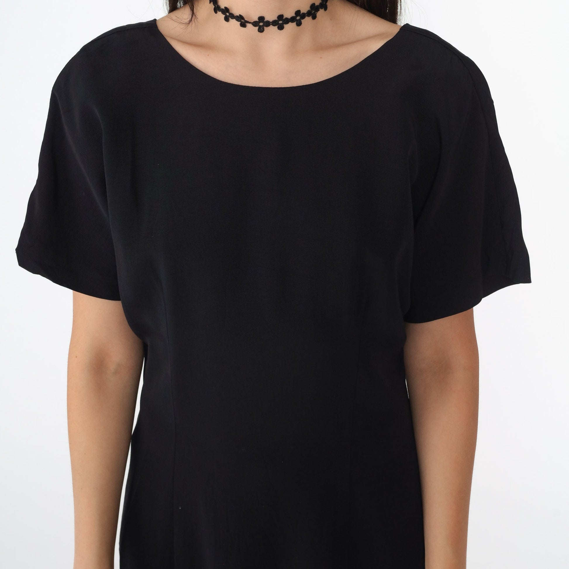 90s Black Midi Dress Deep V Back Sheath Short Sleeve Small