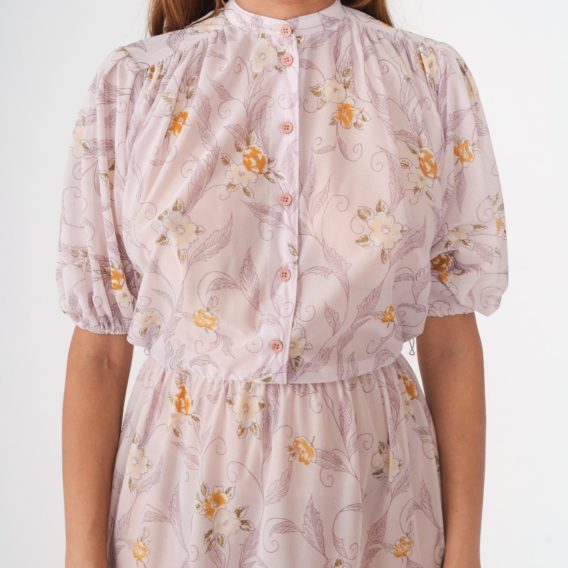 70s Lavender Floral Midi Dress High Waist Puff Sleeve Button Up Small