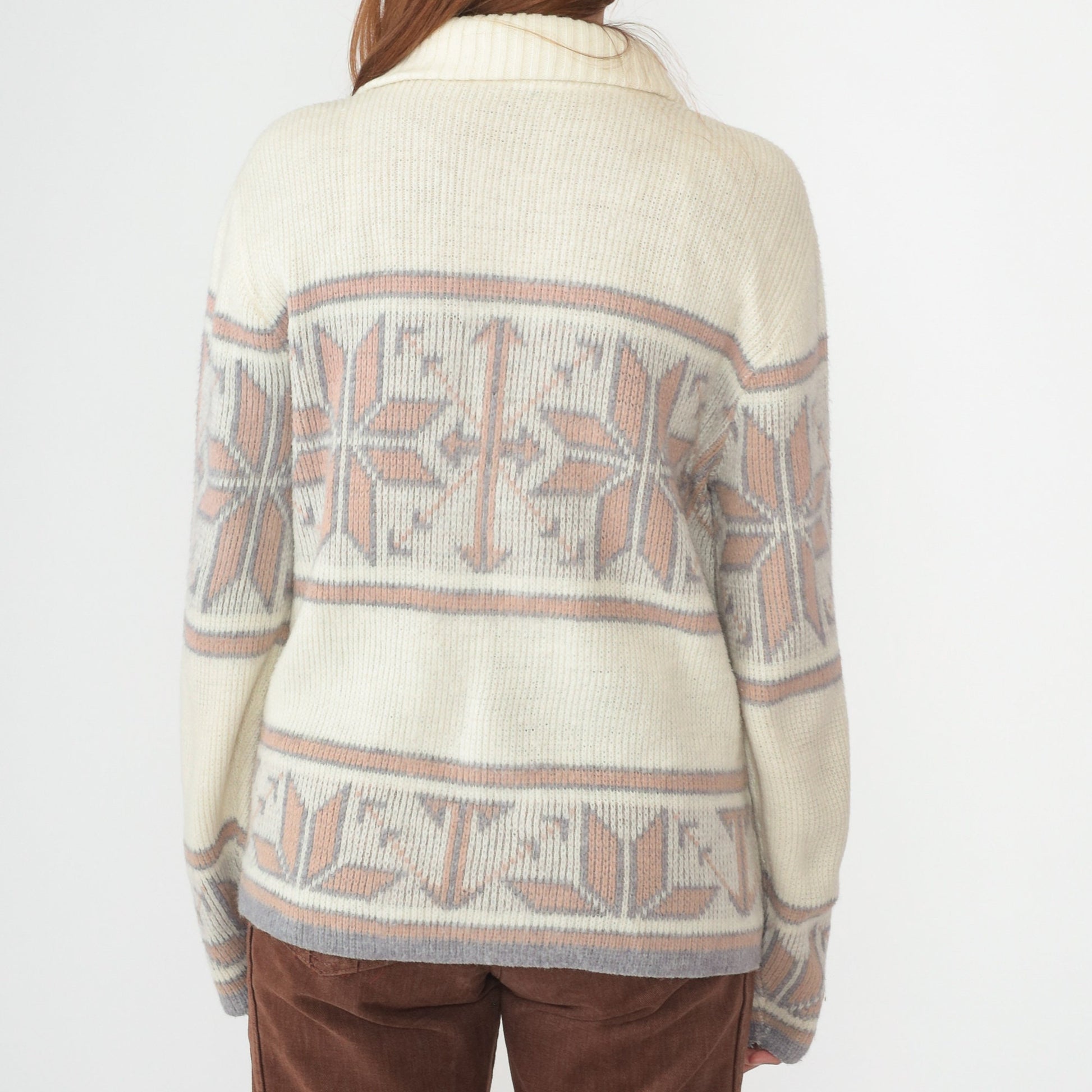 80s Nordic Snowflake Zip Cardigan Cream Fair Isle Knit Medium
