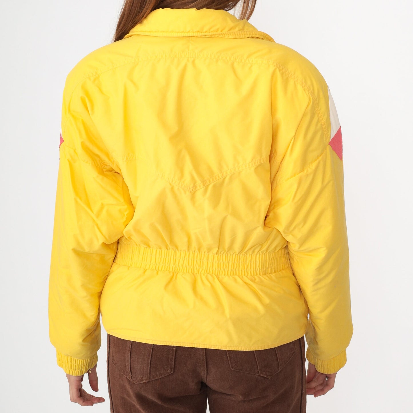 80s Roffe Yellow Puffer Ski Jacket Geometric Triangle Sleeves Large