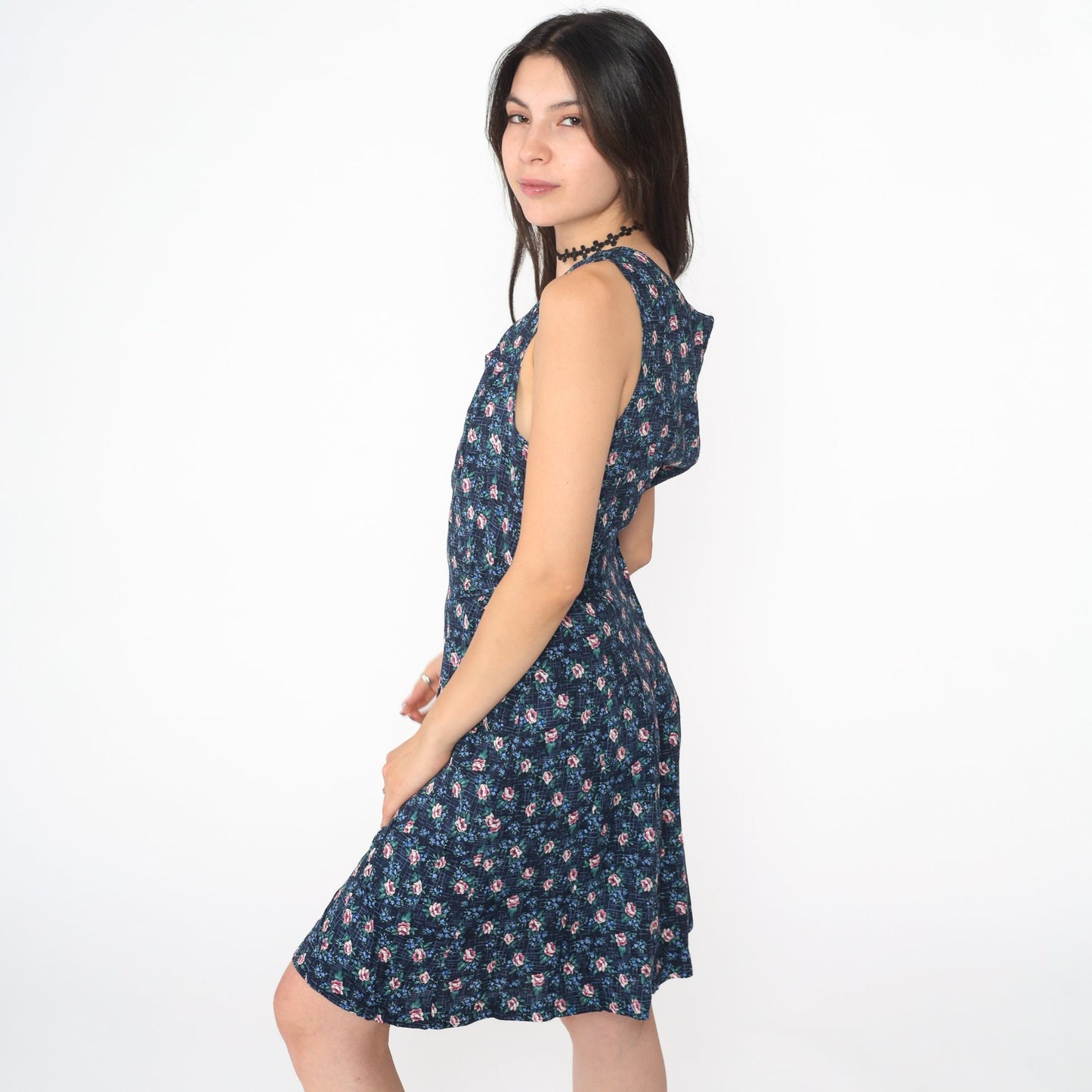 90s Navy Floral Rayon Mini Dress Sleeveless Side Tie Scoop Neck Large 12