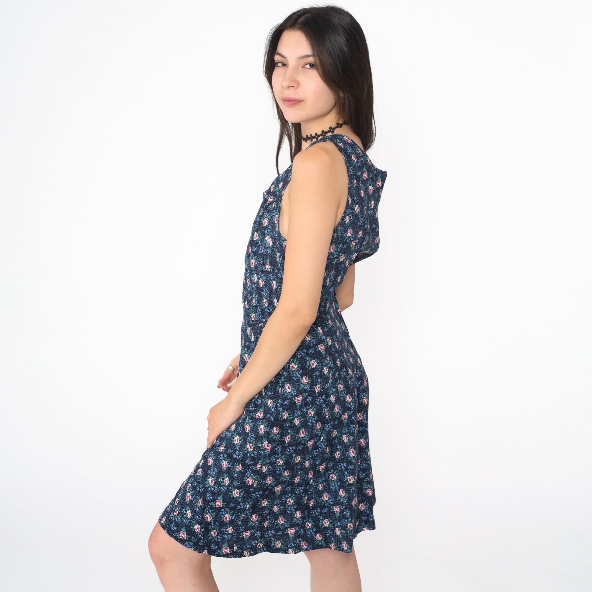 90s Navy Floral Rayon Mini Dress Sleeveless Side Tie Scoop Neck Large 12