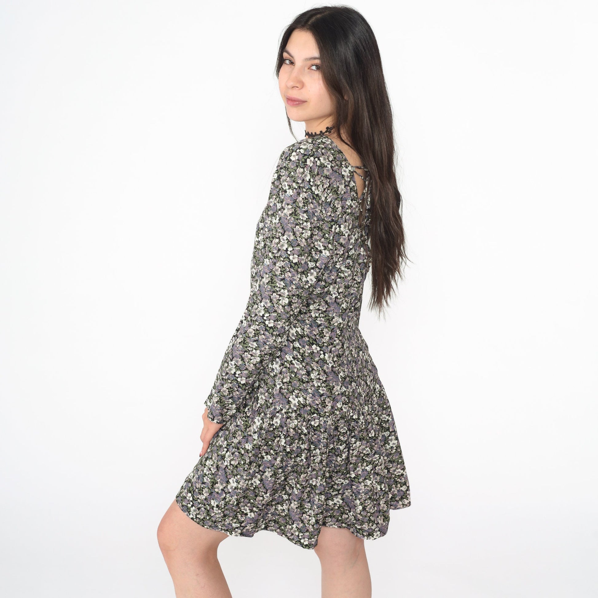 90s Floral Mini Dress Lace-Up V Back Drop Waist Long Sleeve Medium