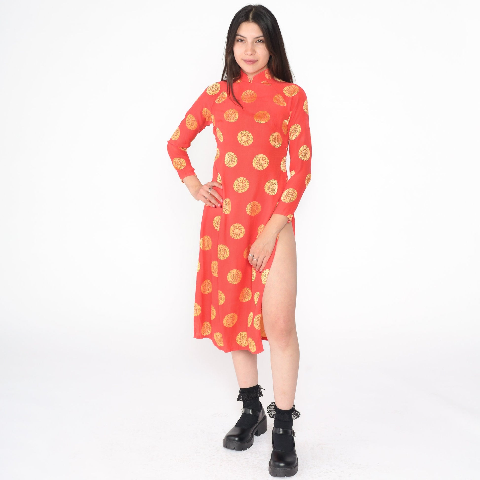 Y2K Ao Dai Dress Red Gold Medallion Print Mandarin Collar Midi Extra Small