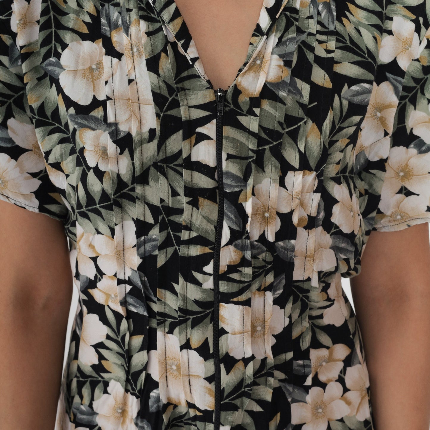 90s Tropical Floral Romper Black Green Wide Leg Playsuit Zip Front Medium