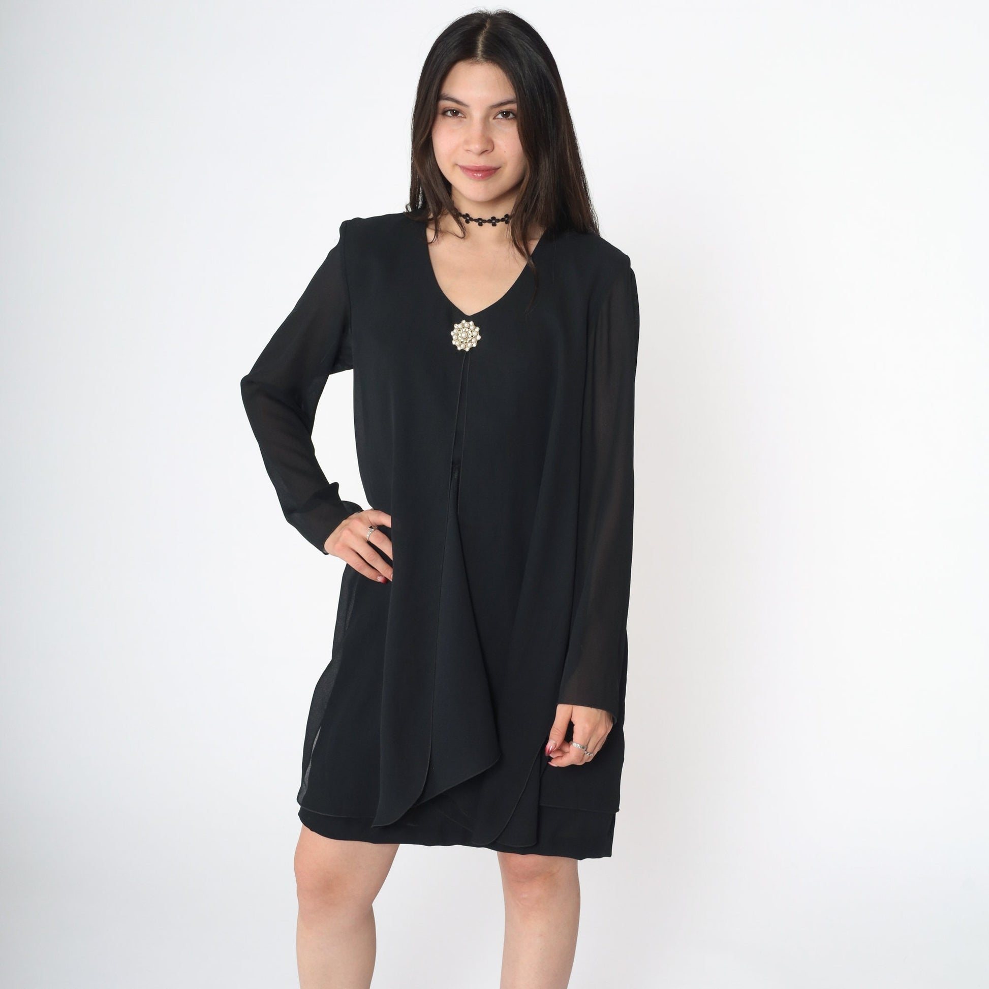 90s Black Chiffon Mini Shift Dress Long Sleeve Pearl Brooch Medium