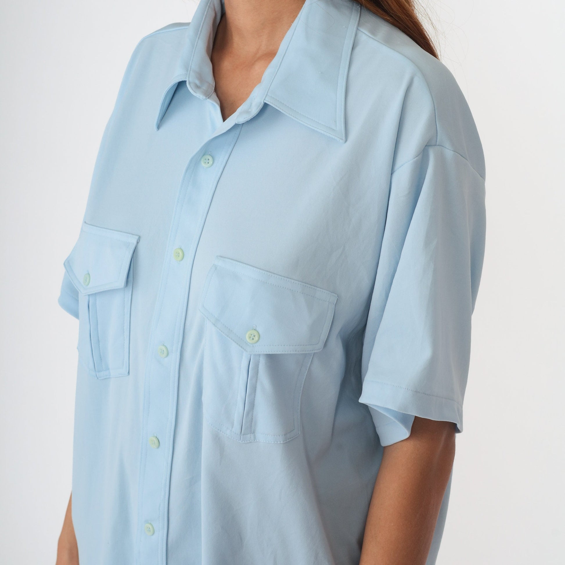 70s Baby Blue Dagger Collar Button-Up Shirt Short Sleeve Extra Large