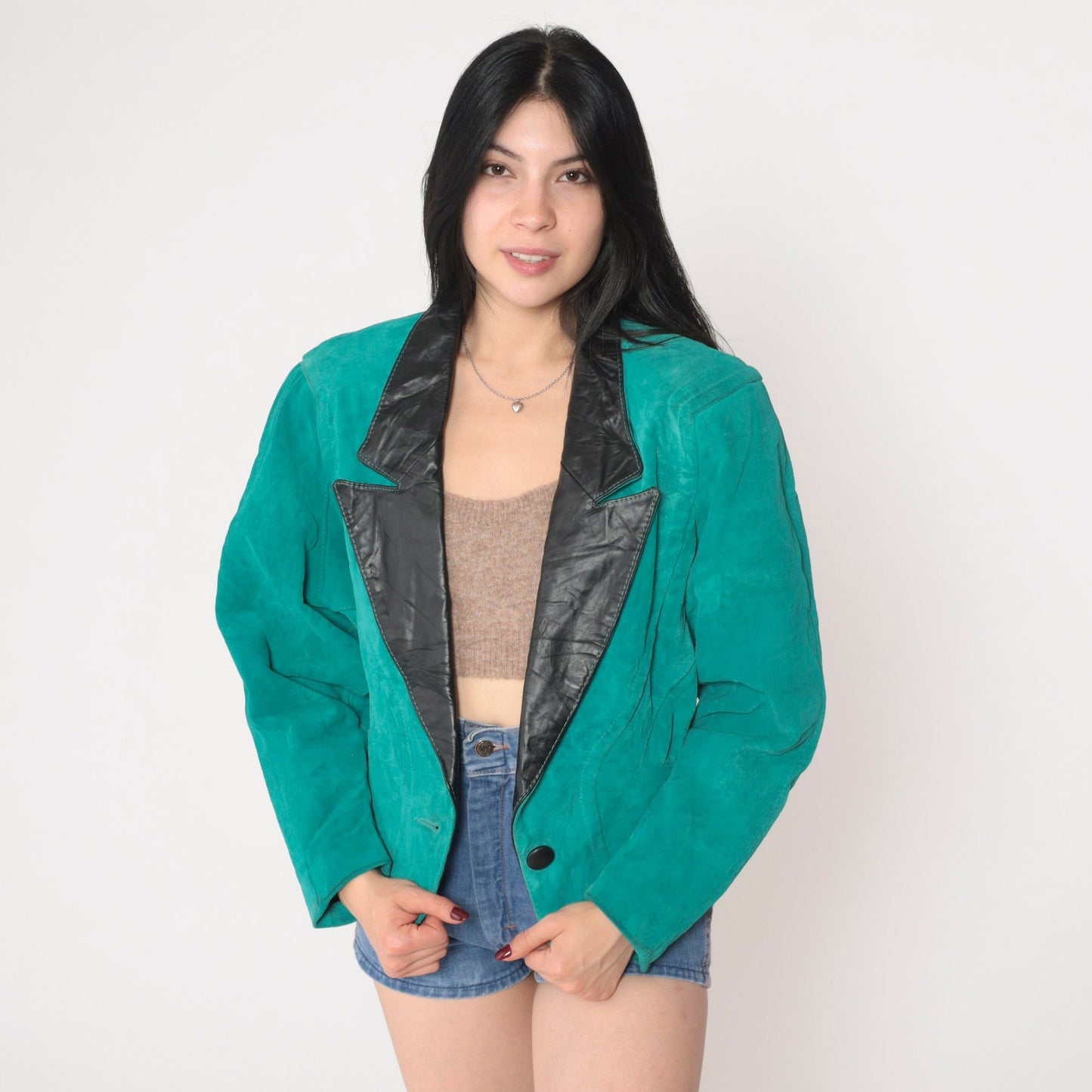 90s Teal Suede Blazer Black Leather Collar Single Button Medium M