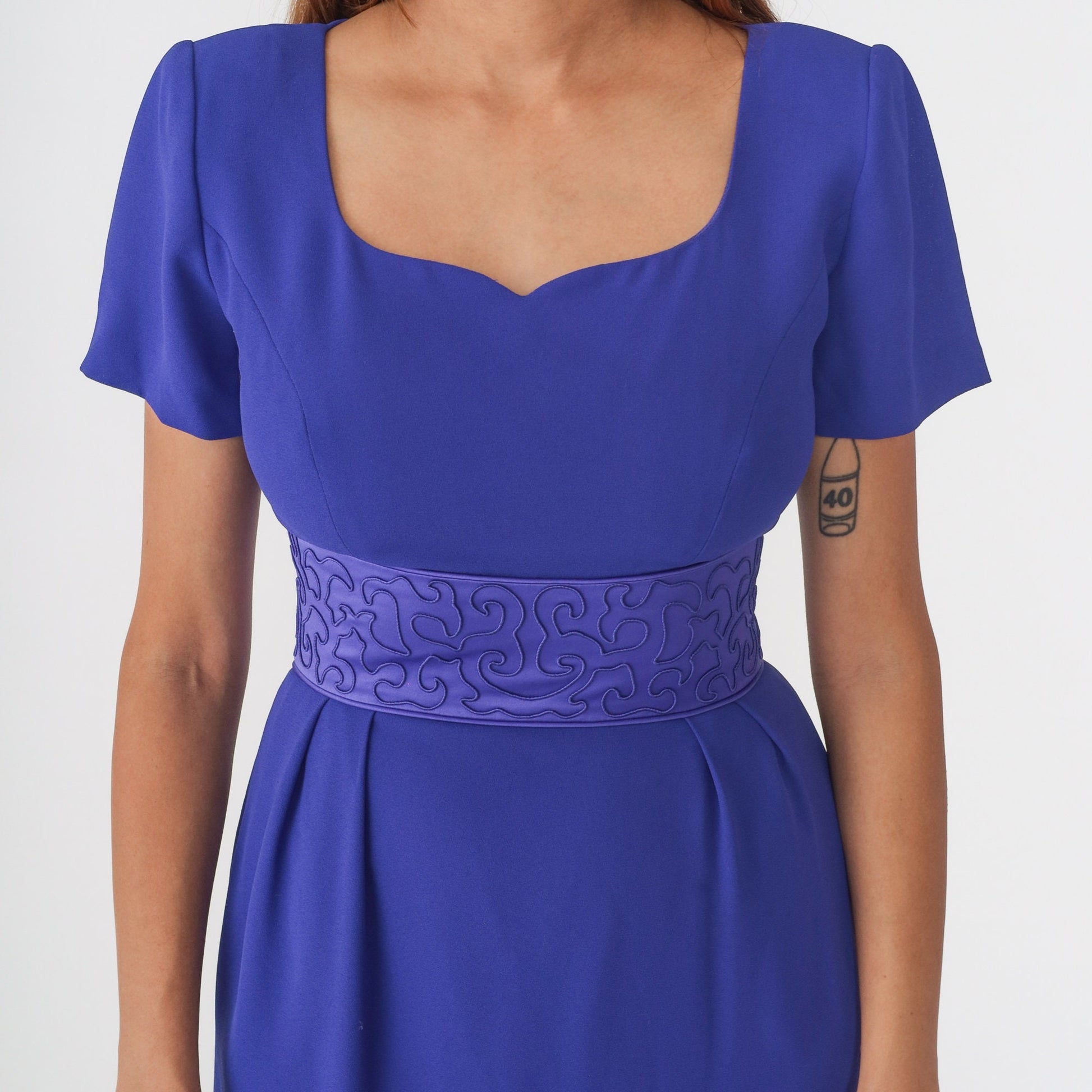 90s Donna Morgan Purple Soutache Midi Sheath Dress Pleated Pencil Small 4