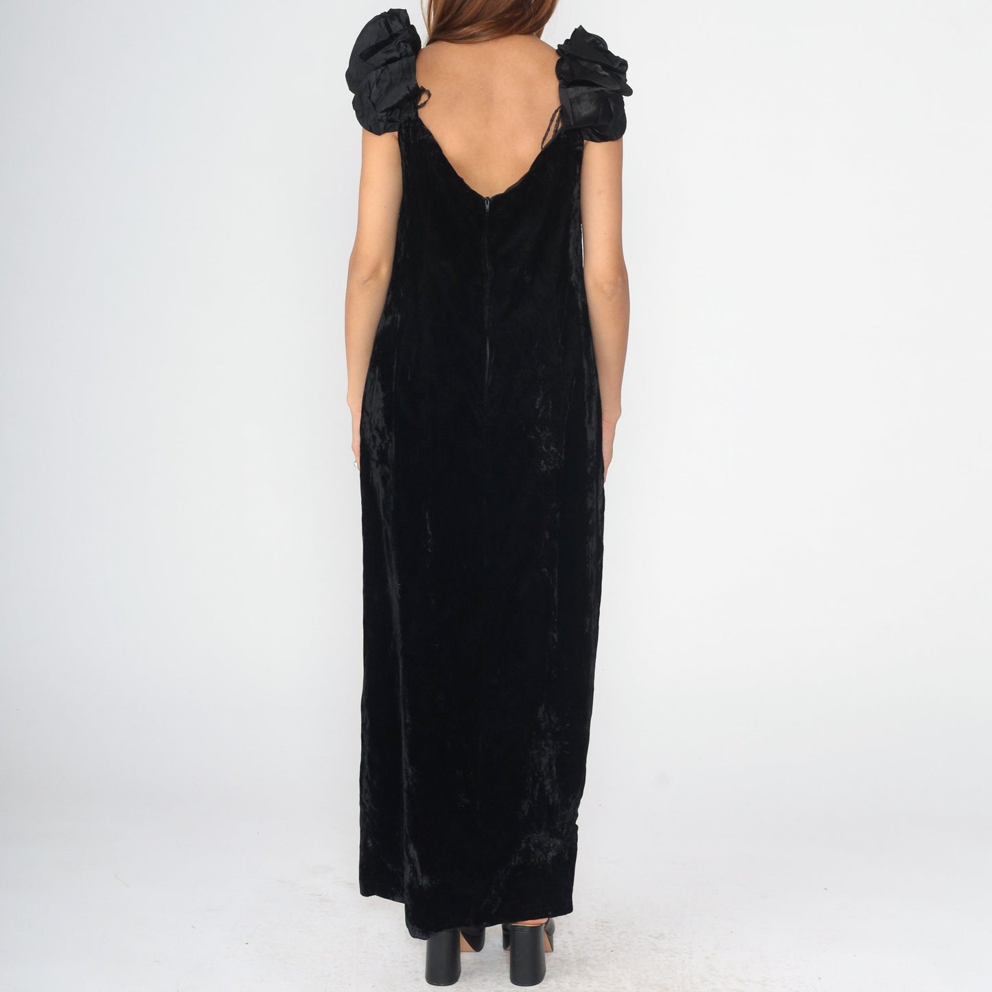90s Black Velvet Maxi Dress Bow High Slit Sleeveless Evening Gown Large