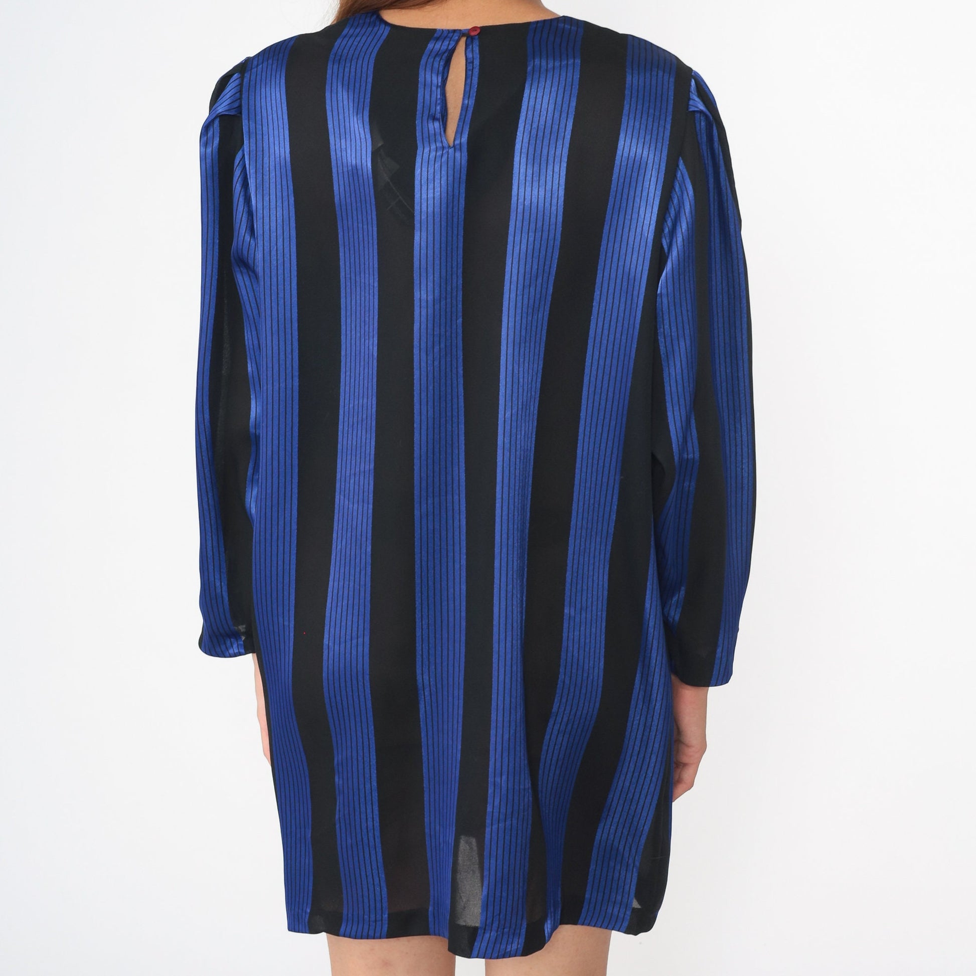 80s Shiny Blue Black Striped Shift Dress Puff Sleeve Side Buttons Large