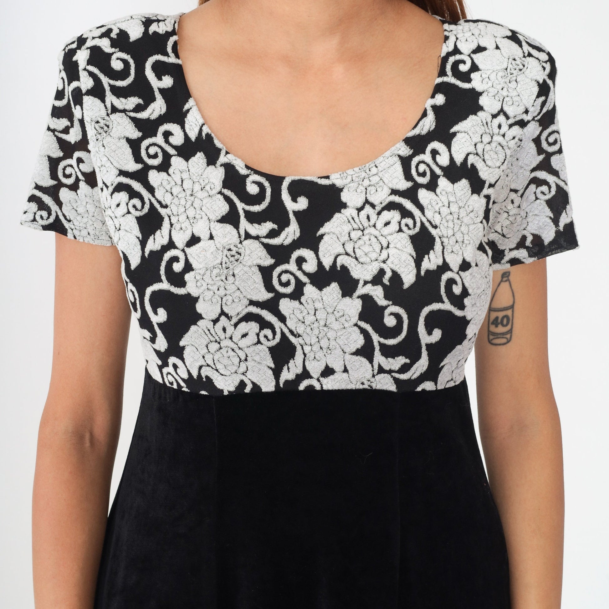 90s Molly Malloy Floral Velvet Mini Dress Black White Empire Waist Small Medium