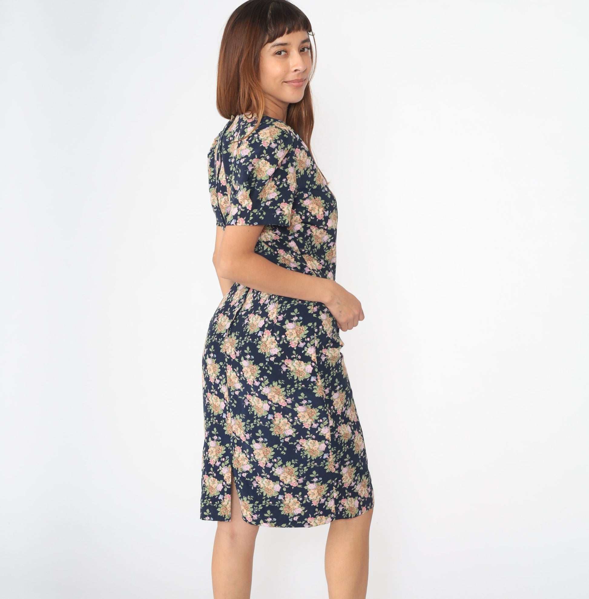 80s Navy Floral Puff Sleeve Dress U-Neck Sheath Midi Medium 8