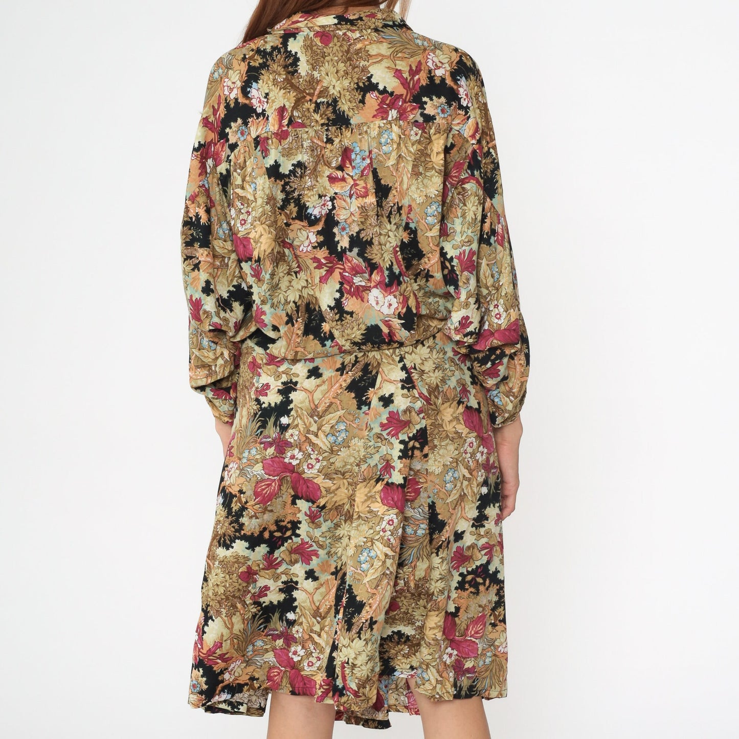 90s Floral Cowl Neck Dress Knee Length Dolman Sleeve Rayon Medium