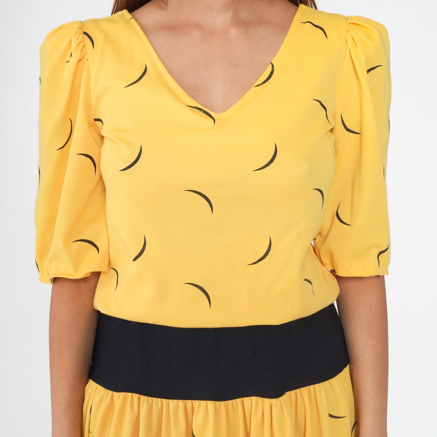 80s Yellow Black Abstract Line Print Mini Dress Tie Waist Small