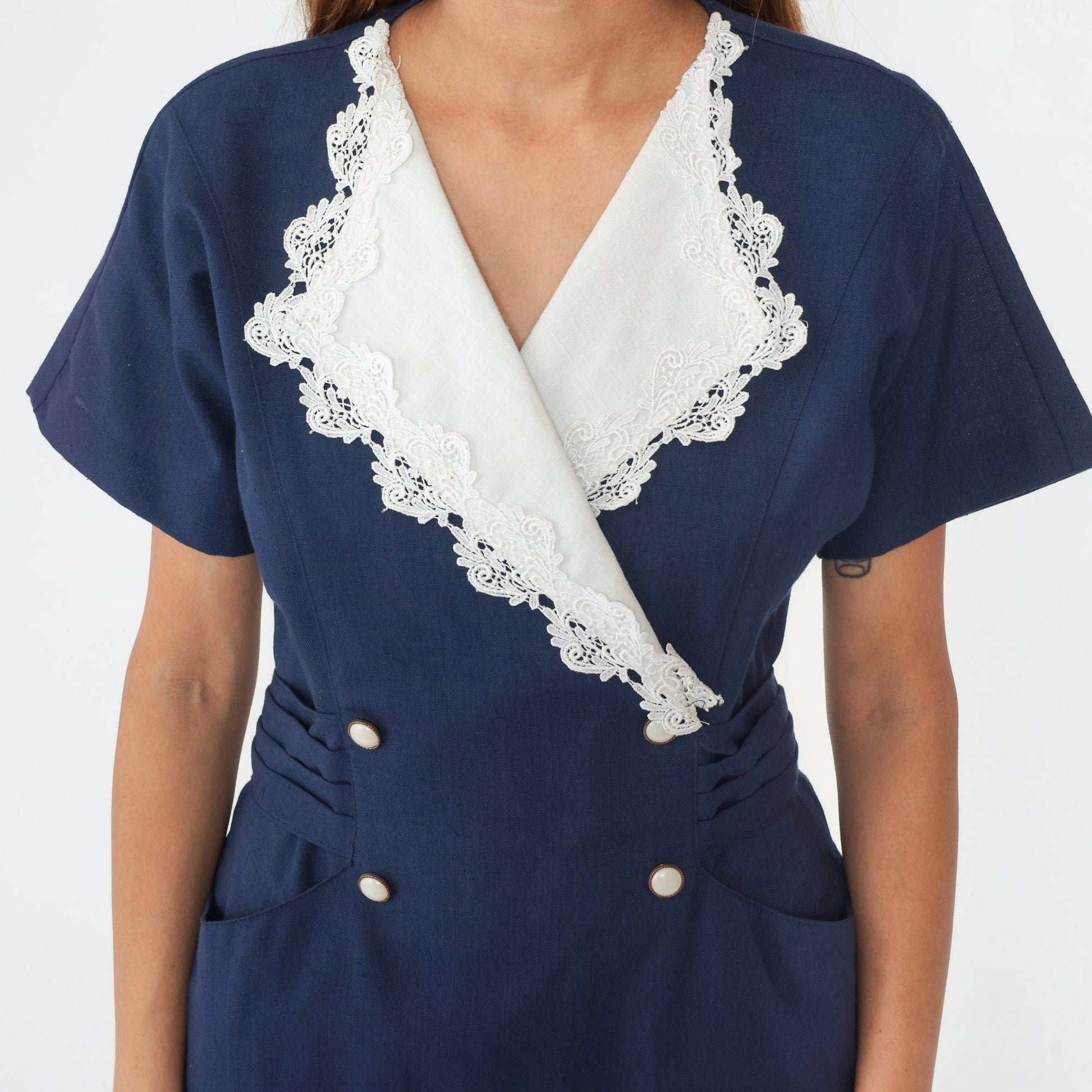 80s Navy Shirtdress White Lace Collar Double Breasted Wrap Midi Medium